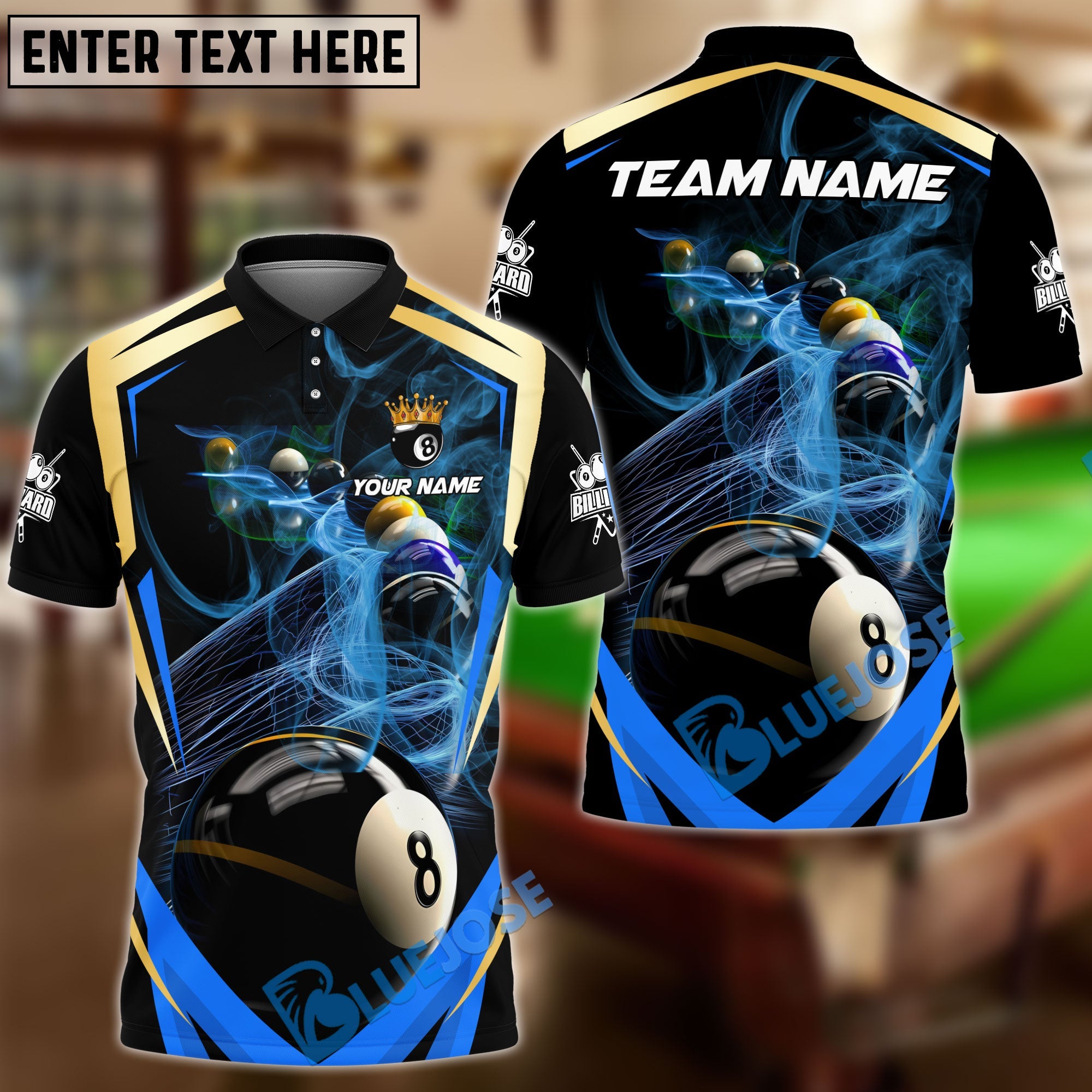 BlueJose Billiards 8-Ball Pool Smoke Trail Personalized Name, Team Name Unisex Shirt (4 Colors)