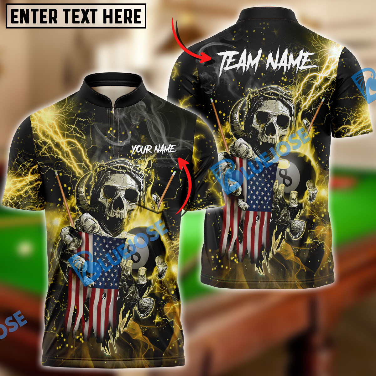 BlueJose Billiards Ball 8 Fire Skull US Flag Personalized Name, Team Name Shirt (6 Colors)