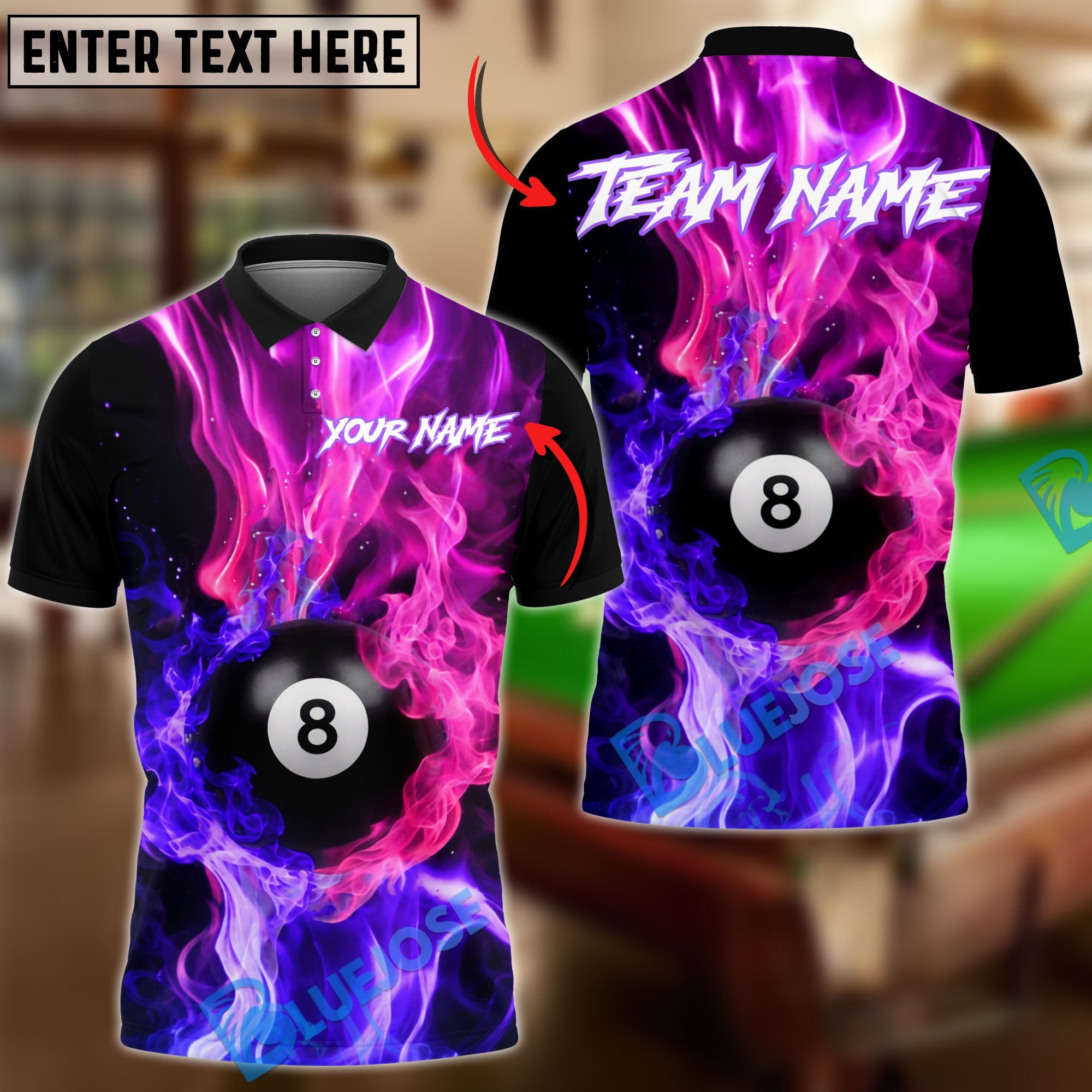 BlueJose Billiards 8 Ball Neon Smoke Fusion Personalized Name, Team Name Unisex Shirt (4 Colors)