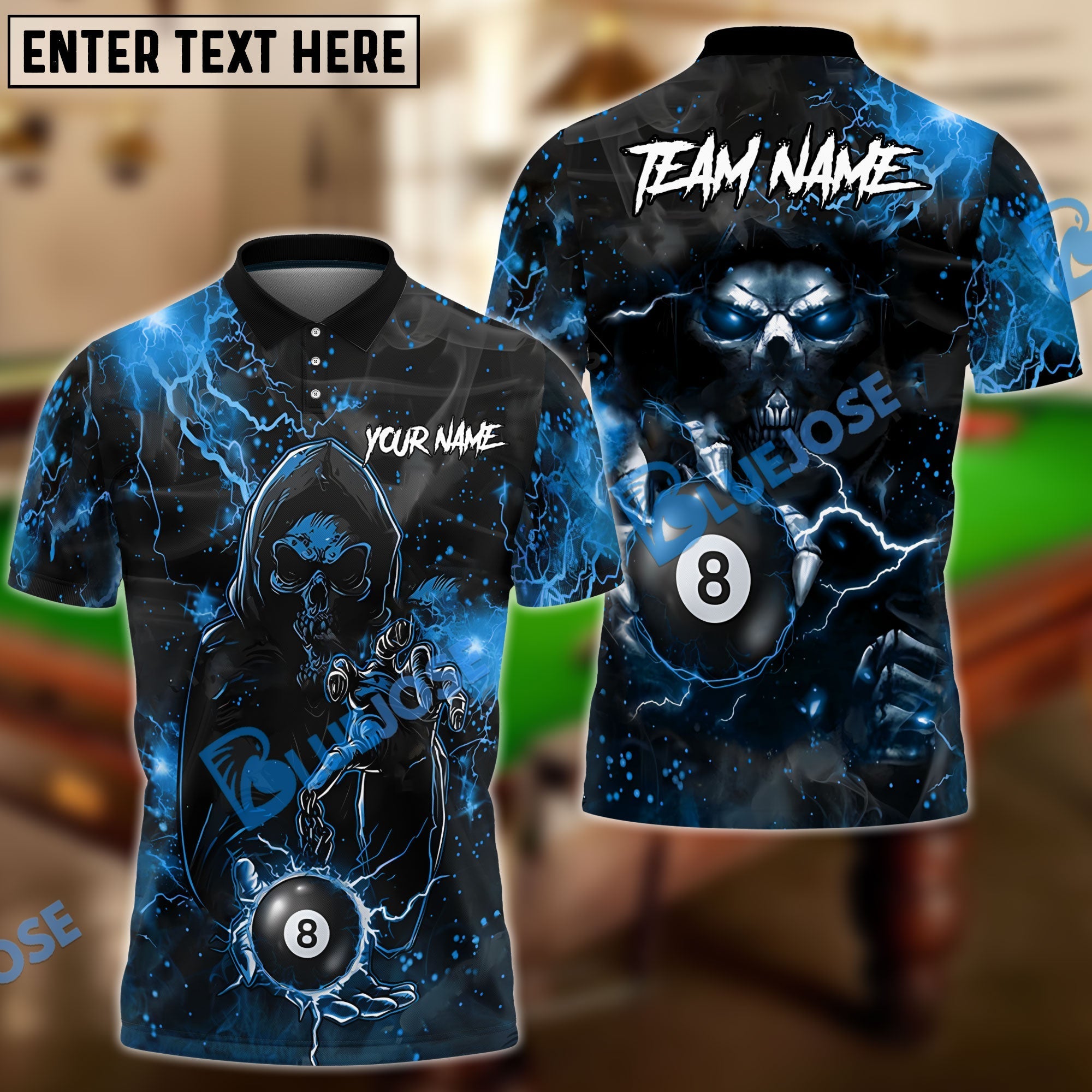 BlueJose Billiards Ball 8 Thunder Sparks Personalized Name, Team Name Unisex Shirt (6 Colors)