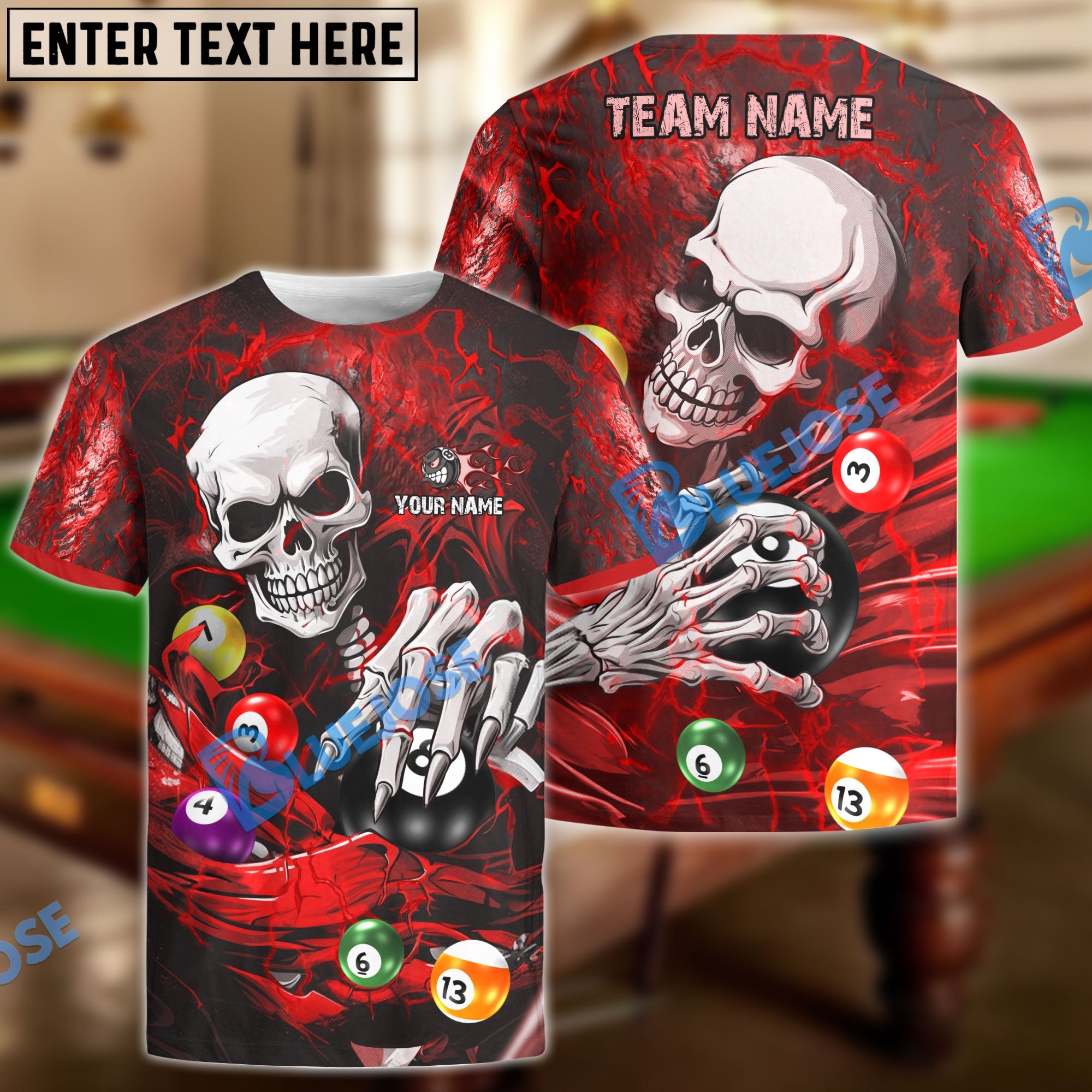 BlueJose Billiards Ball 8 Skull Lightning Personalized Name & Team Name Shirt (4 Colors)
