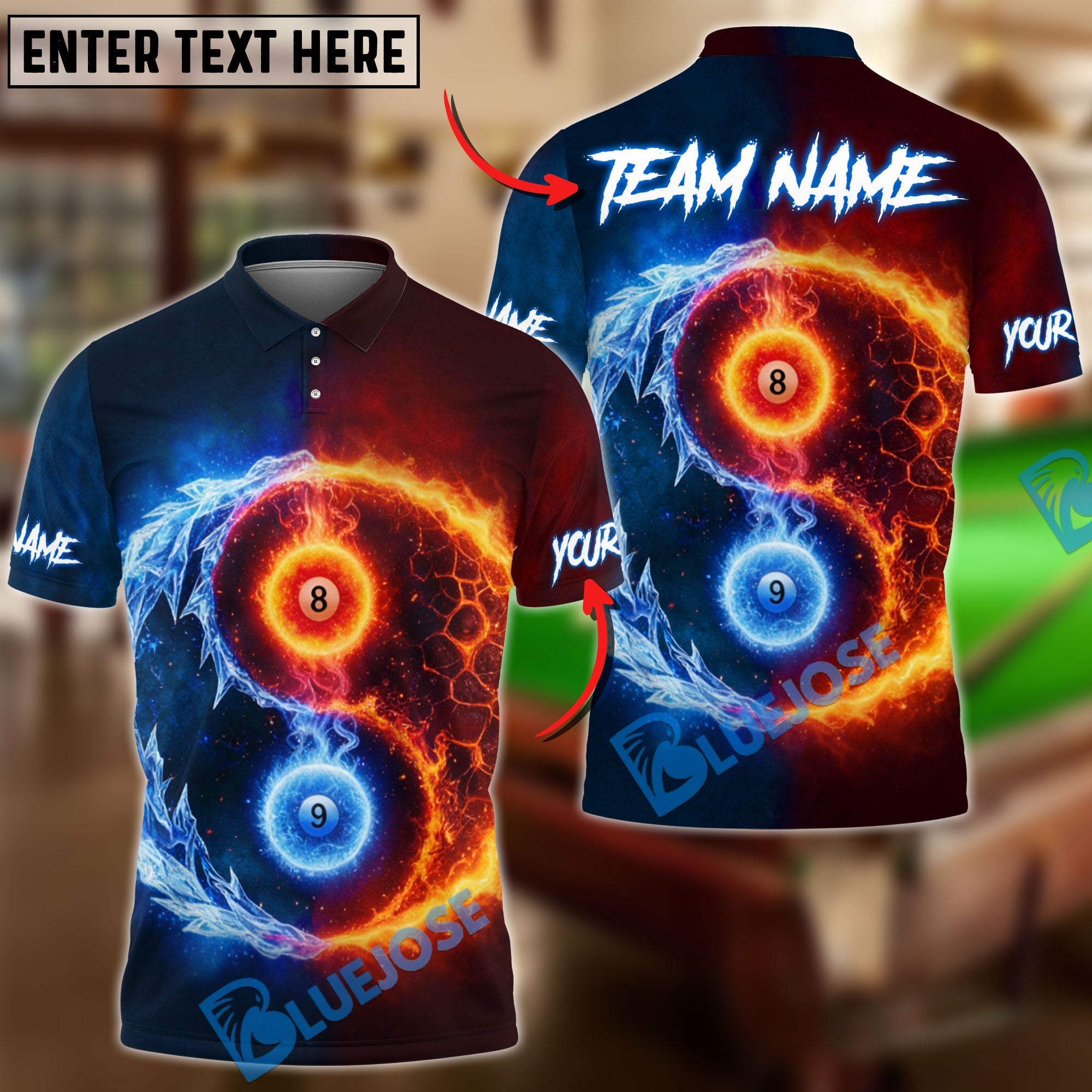BlueJose Billiards Fire & Ice Ball 8&9 Personalized Name Shirt (4 Colors)