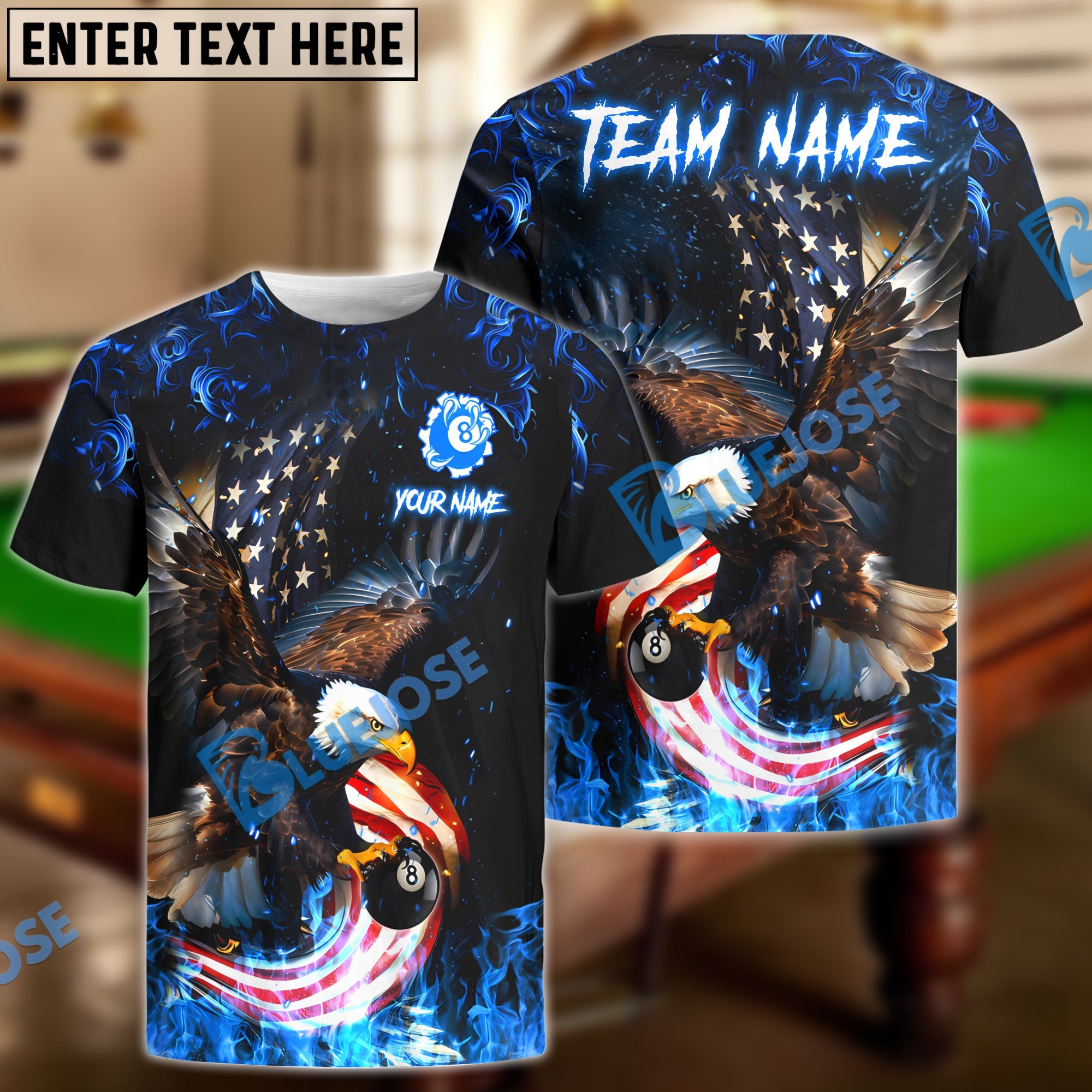 BlueJose Billiard 8 Ball Eagle Fire Flame Personalized Name Shirt (4 Colors)