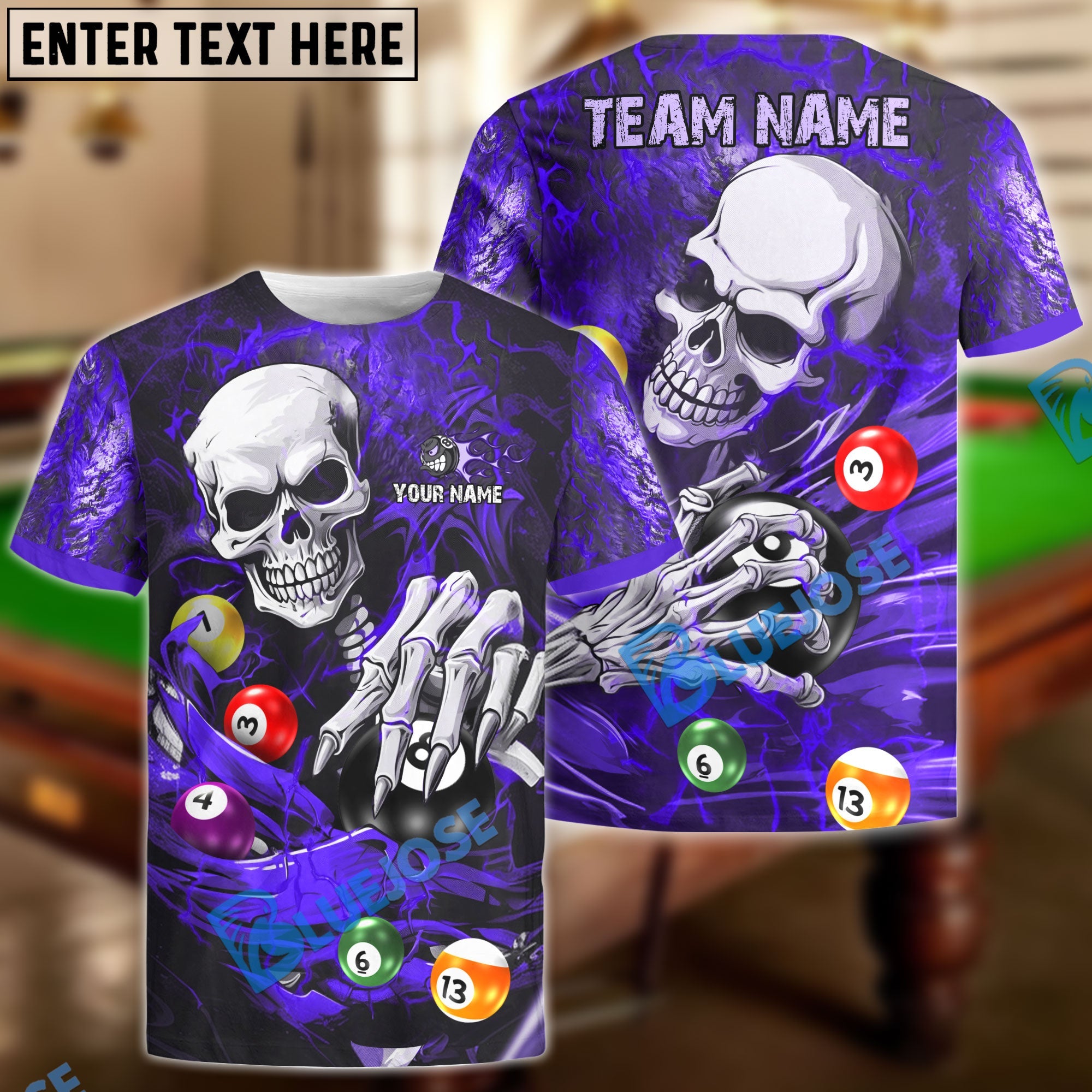 BlueJose Billiards Ball 8 Skull Lightning Personalized Name & Team Name Shirt (4 Colors)