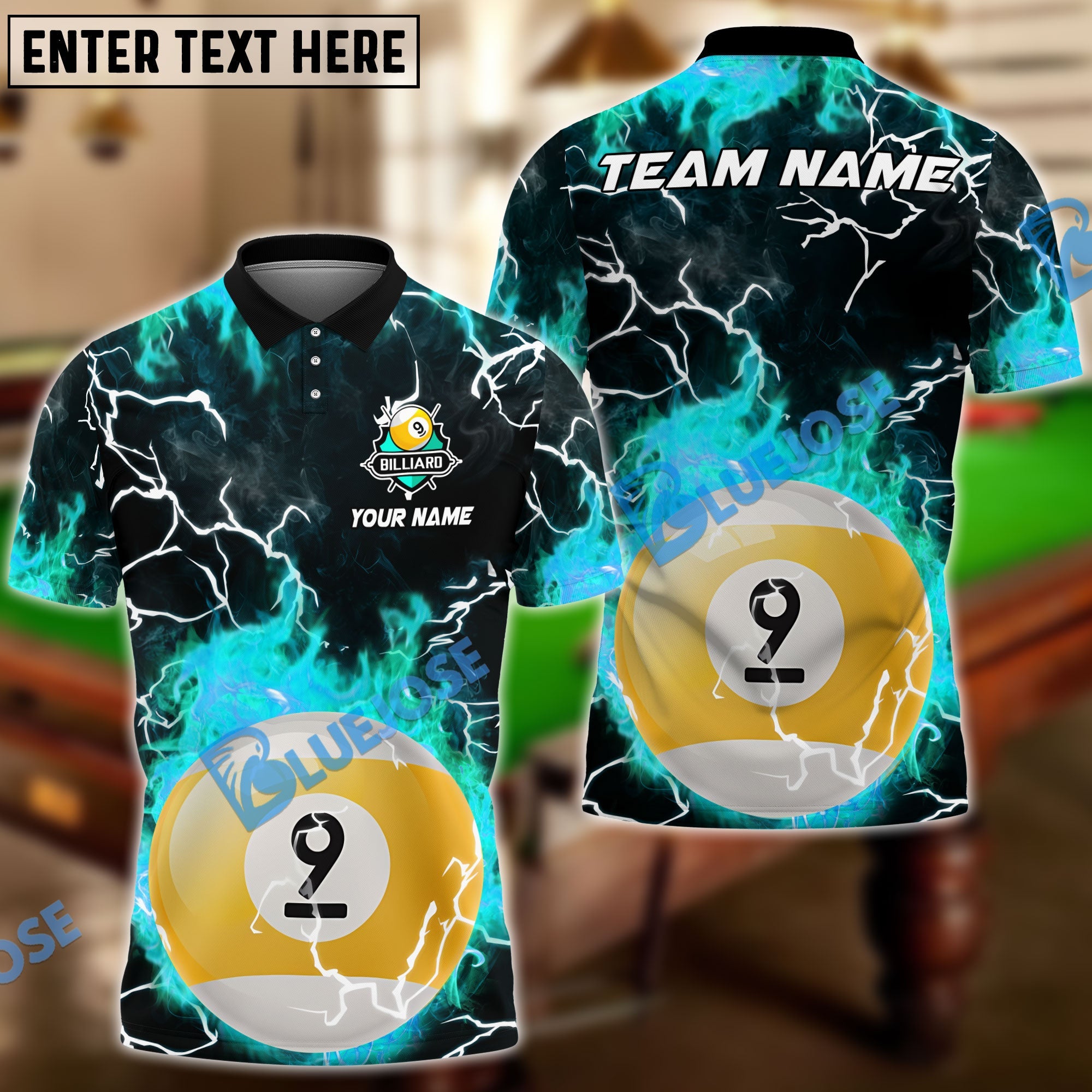 BlueJose Billiards Ball 9 Fire Colorful Rays Of Light Premium Personalized Name Shirt (6 Colors)