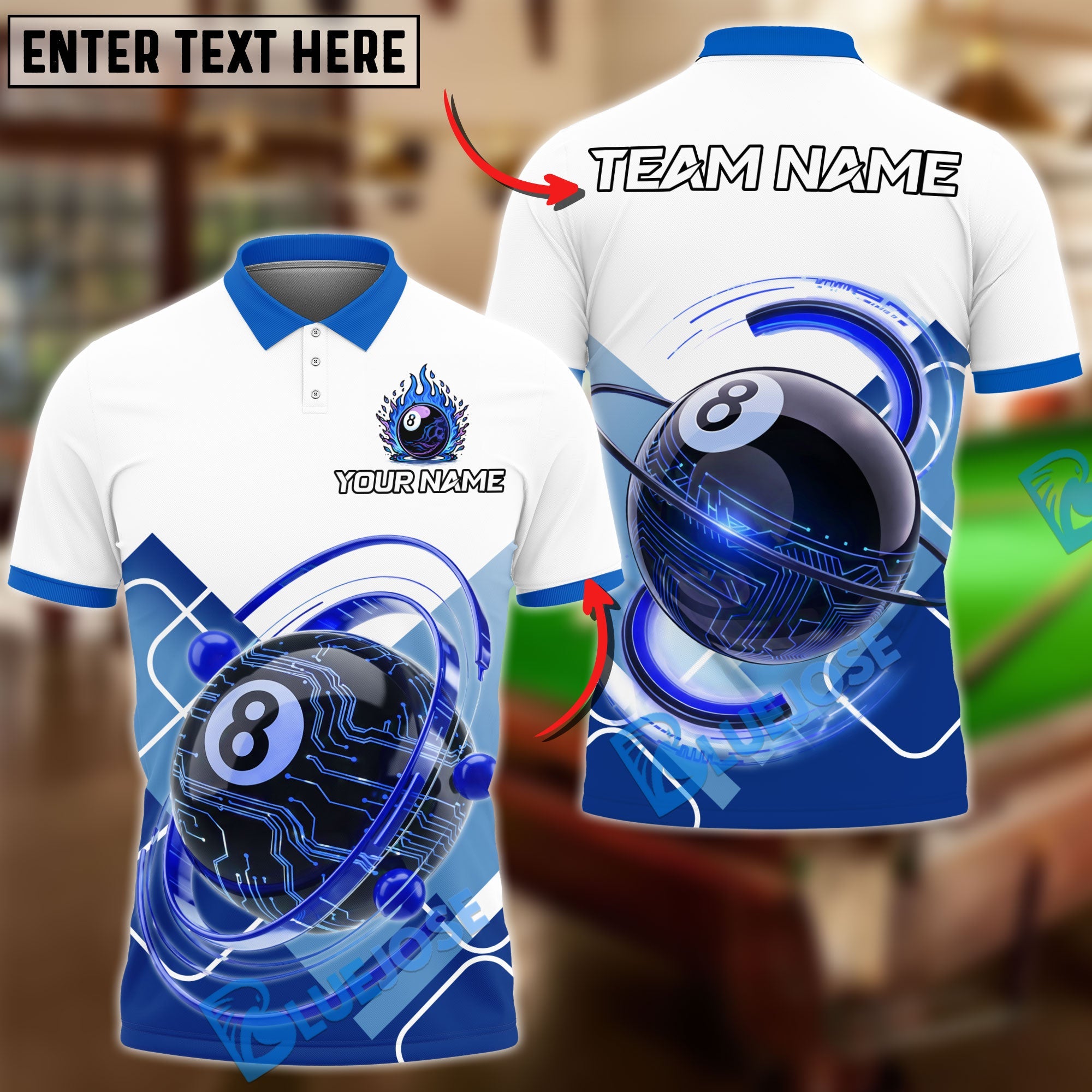 BlueJose Billiards Ball 8 Pool Mecha Personalized Name, Team Name Unisex Shirt (4 Colors)