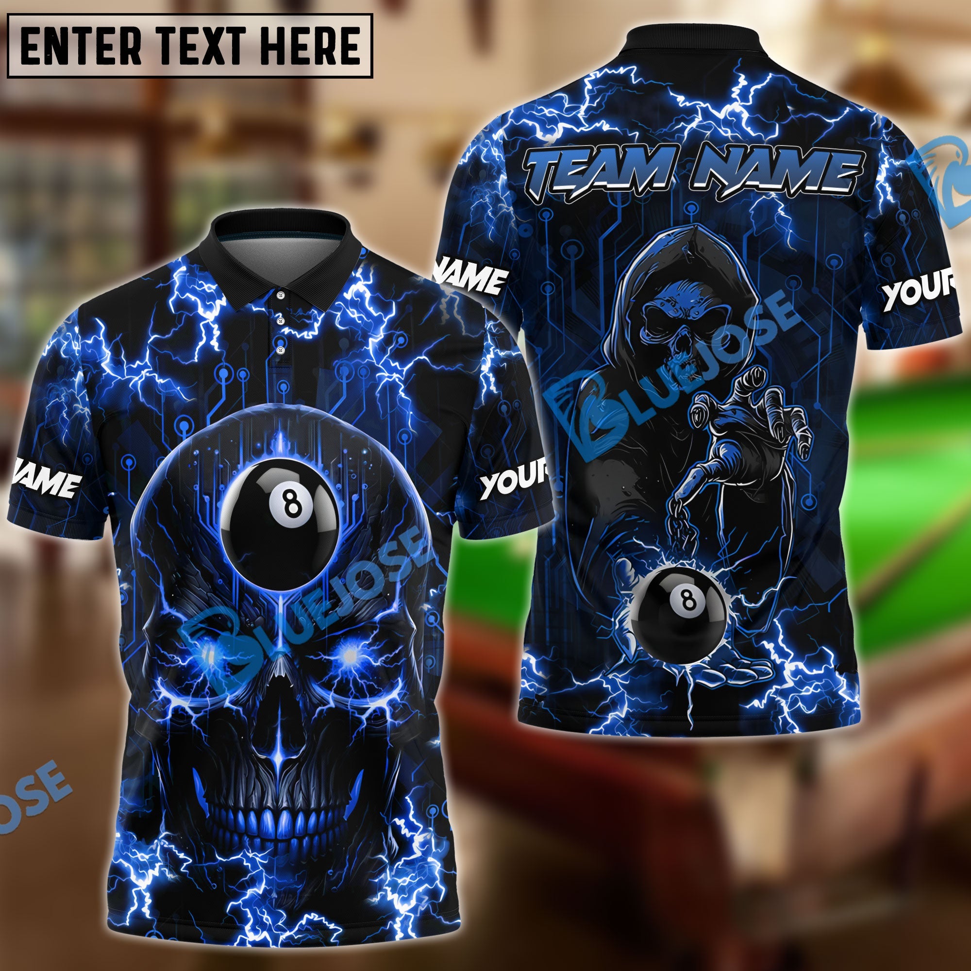 BlueJose Billiards Ball 8 Skull Thunder Personalized Name, Team Name Unisex Shirt (6 Colors)