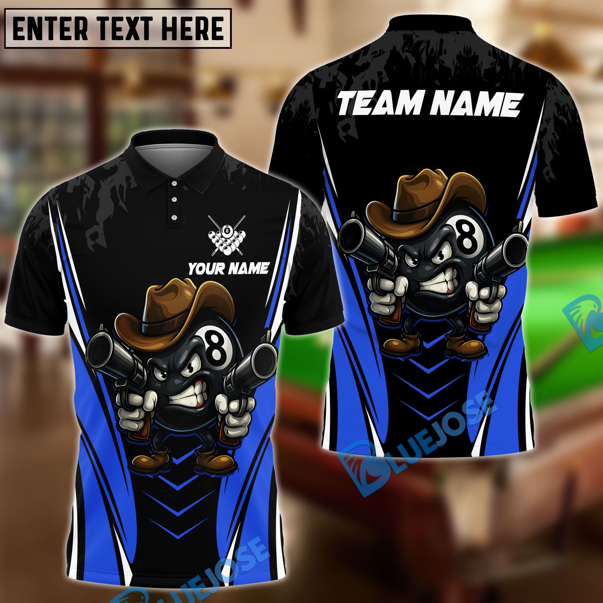 BlueJose Billiards Cowboy 8 Ball Cartoon Style Personalized Name Shirt (4 Colors)