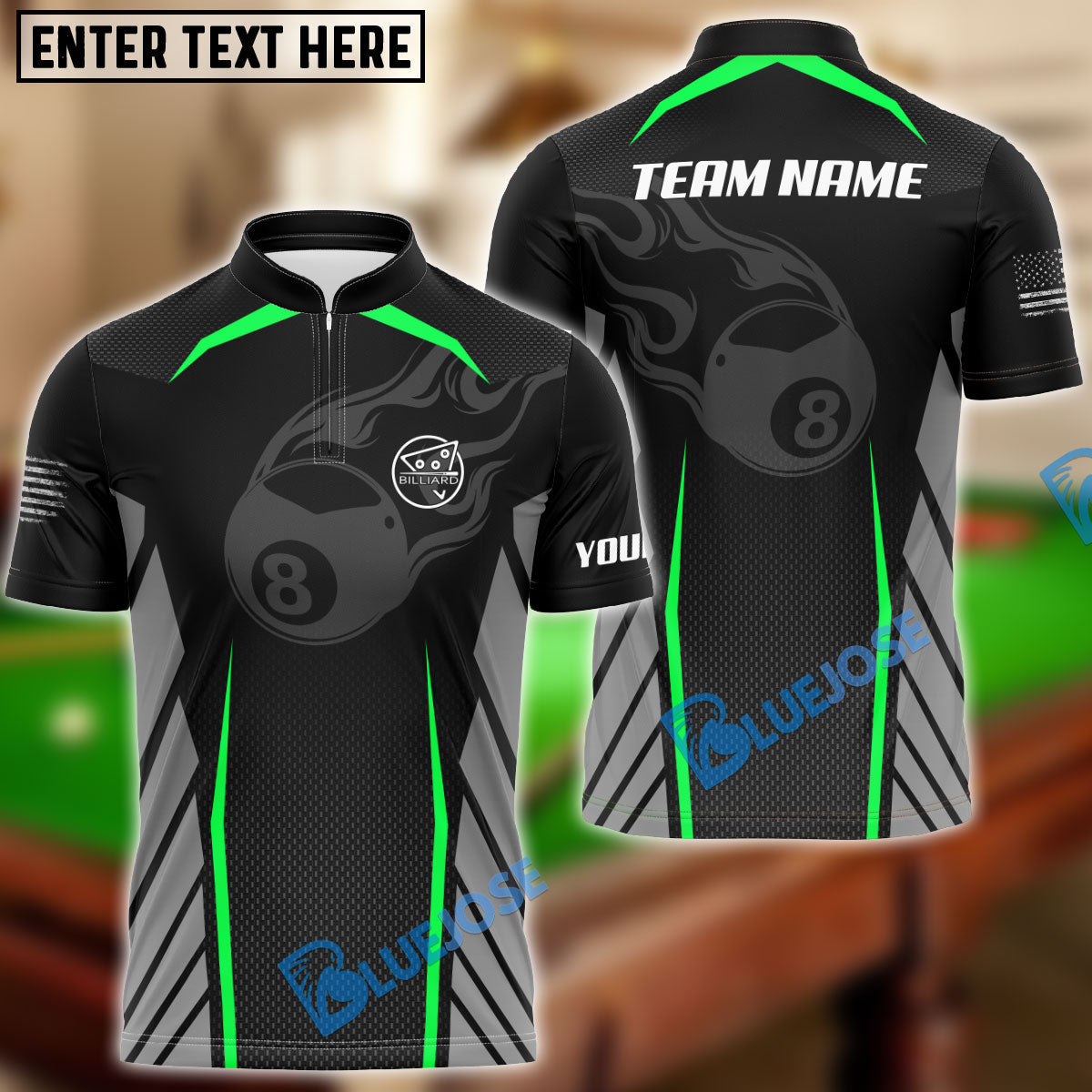 BlueJose Flame 8 Ball Billiards Personalized Name Shirt  for Team (6 Colors)