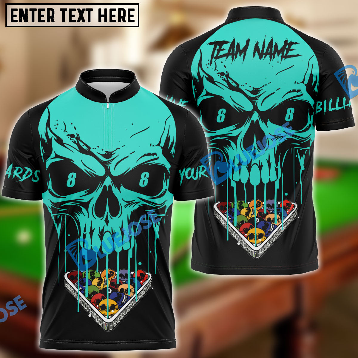 BlueJose Billiards Ball 8 Skull Personalized Name & Team Name Shirt (4 Colors)