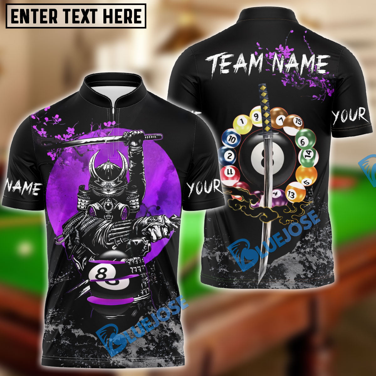 BlueJose Billiards 8 Ball Samurai Slayer Personalized Name Shirt (4 Colors)