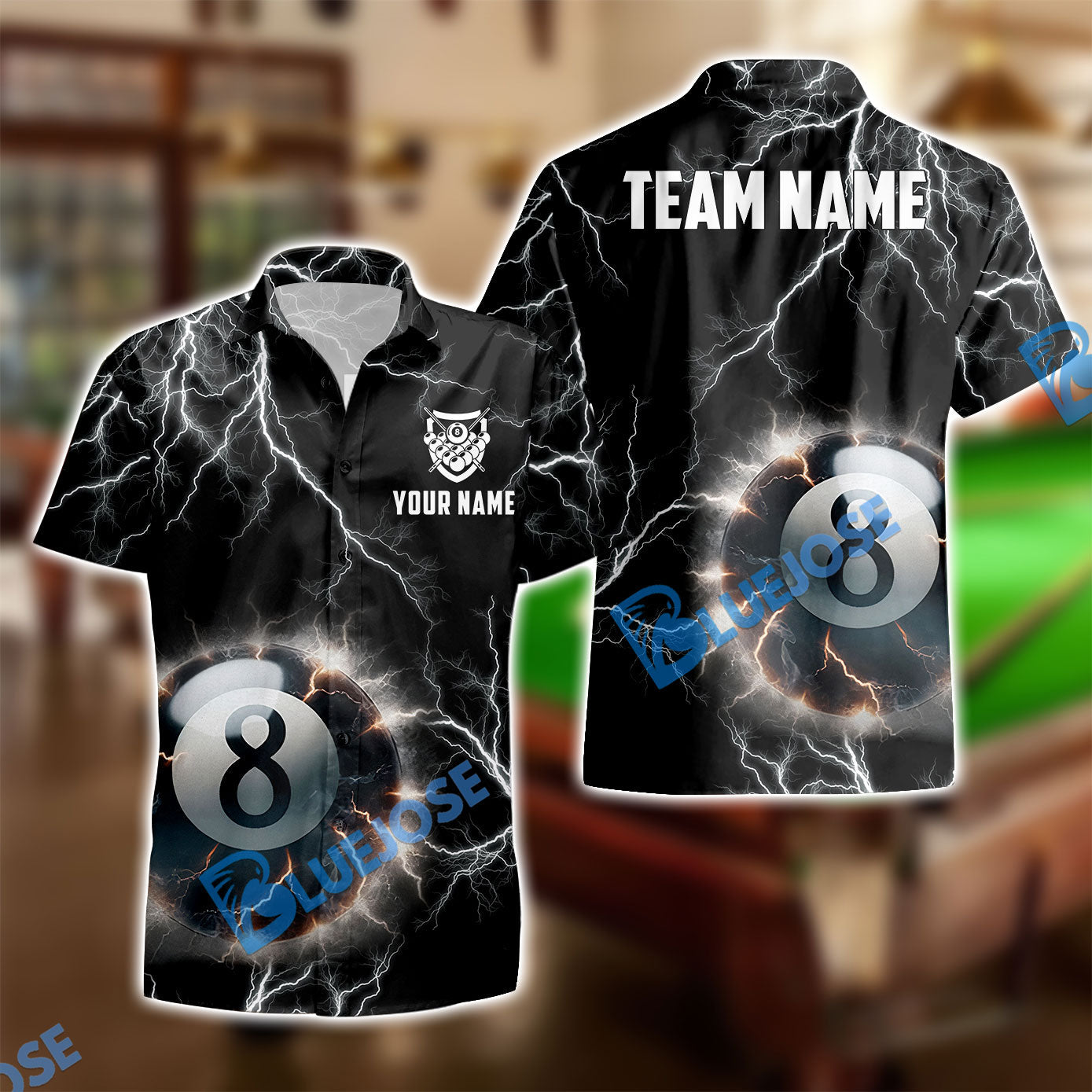 BlueJose Billiards Ball 8 Pool Thunder Lightning Personalized Name And Team Name Shirt