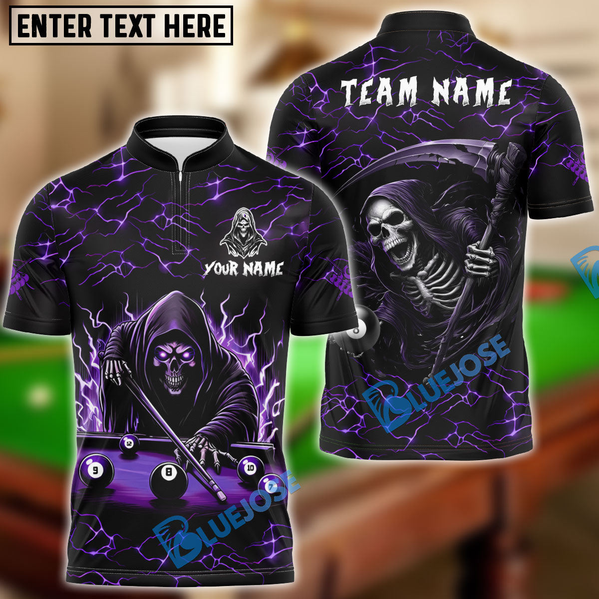 BlueJose Billiards Ball 8 Thunder Reaper Personalized Name Team Name Unisex Shirt (4 Colors)