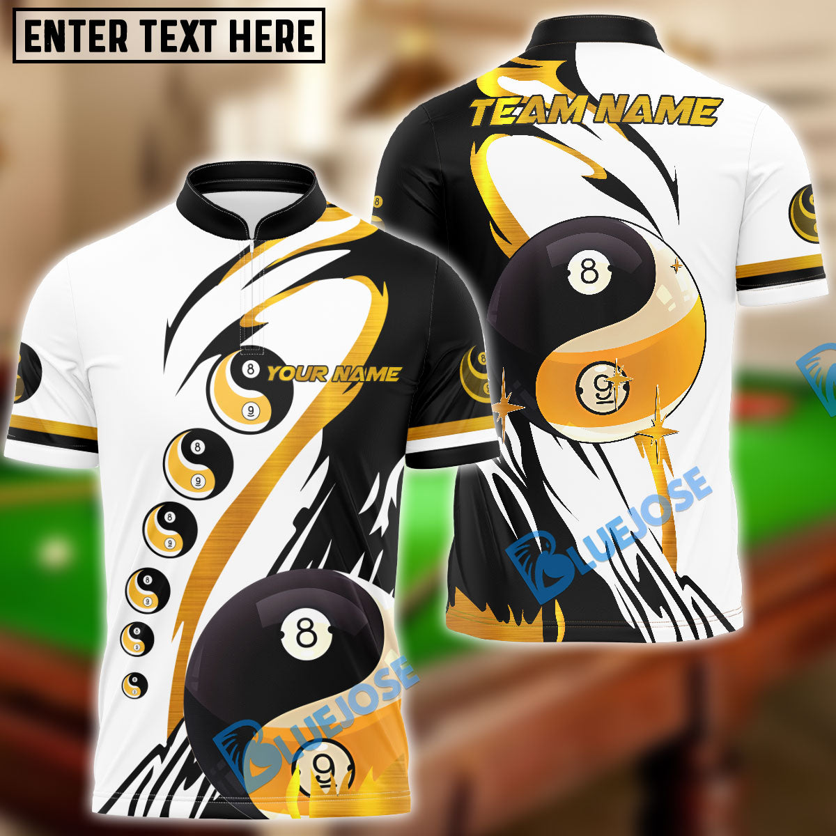BlueJose Billiards Classic Yin-Yang 8 & 9 Ball Black & White Personalized Name Shirt (4 Colors)