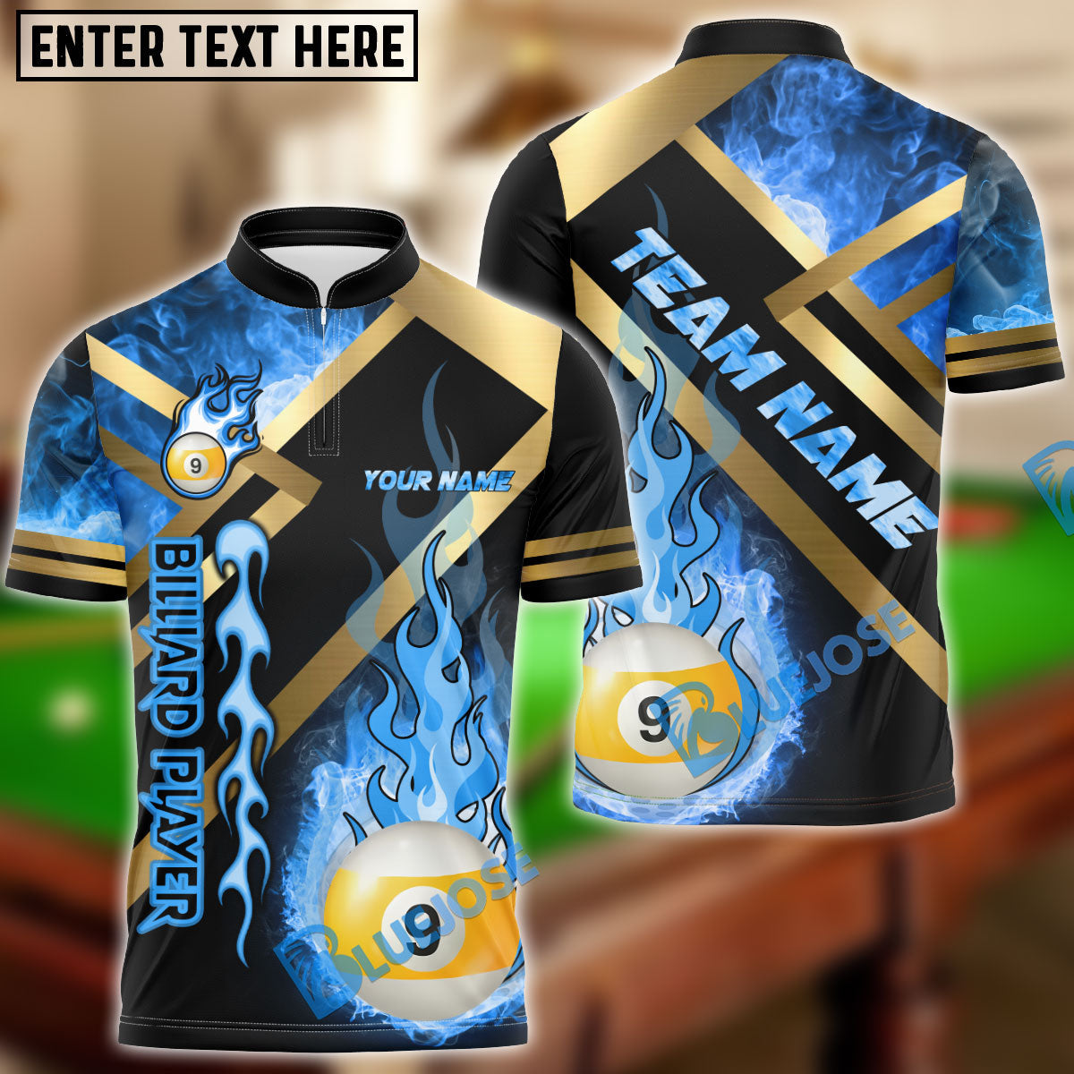 BlueJose Billiards Ball 9 Metal And Fire Flame Personalized Name, Team Name Shirt (4 Colors)