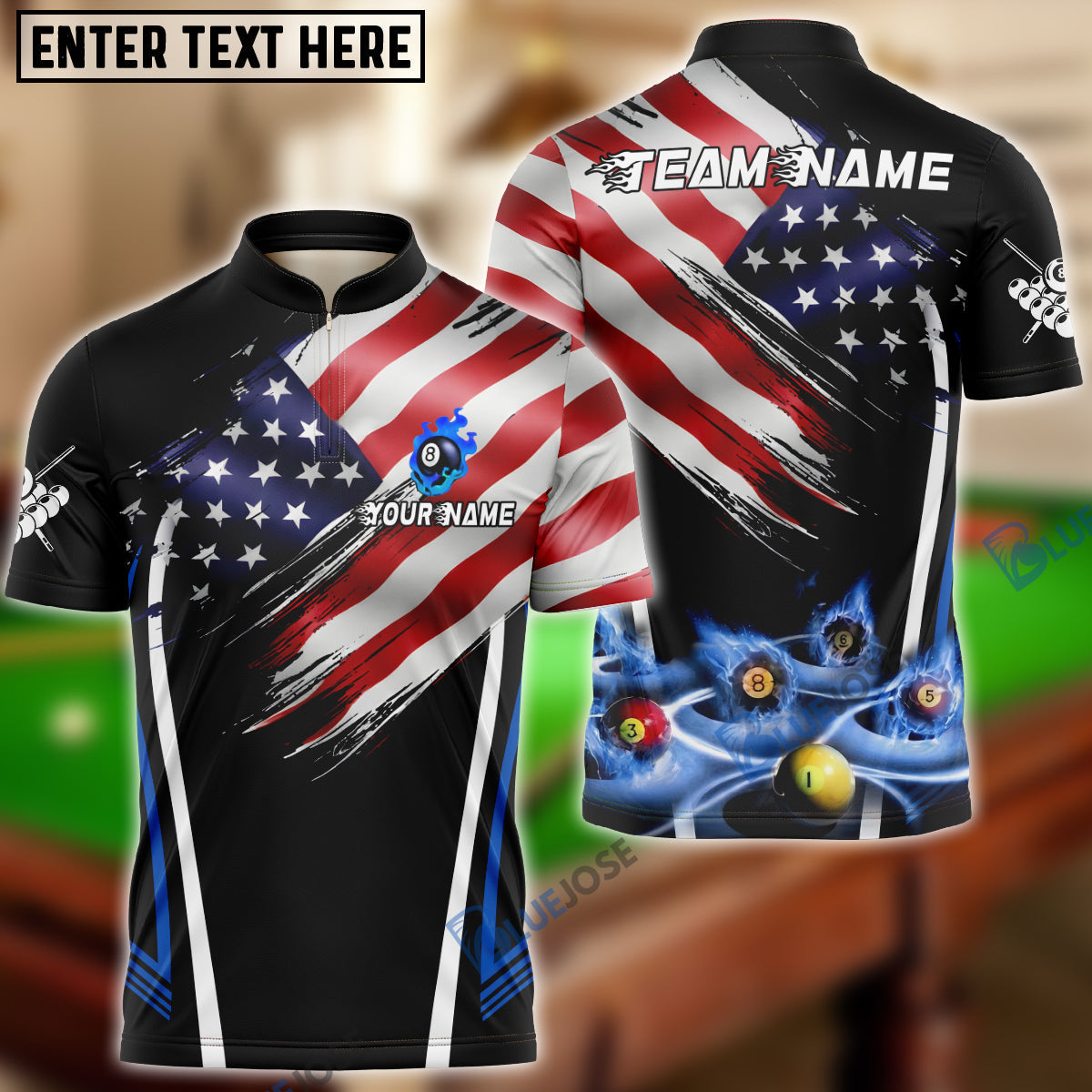 BlueJose Billiards 8-Ball USA Flag Flaming Pool Balls Graphic Customized Name, Team Name 3D Shirt (4 Colors)