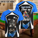BlueJose Billiards 8-Ball Pool Shut Up and Shoot Ver Triangle Rack Personalized Name, Team Name Unisex Shirt (4 Colors)