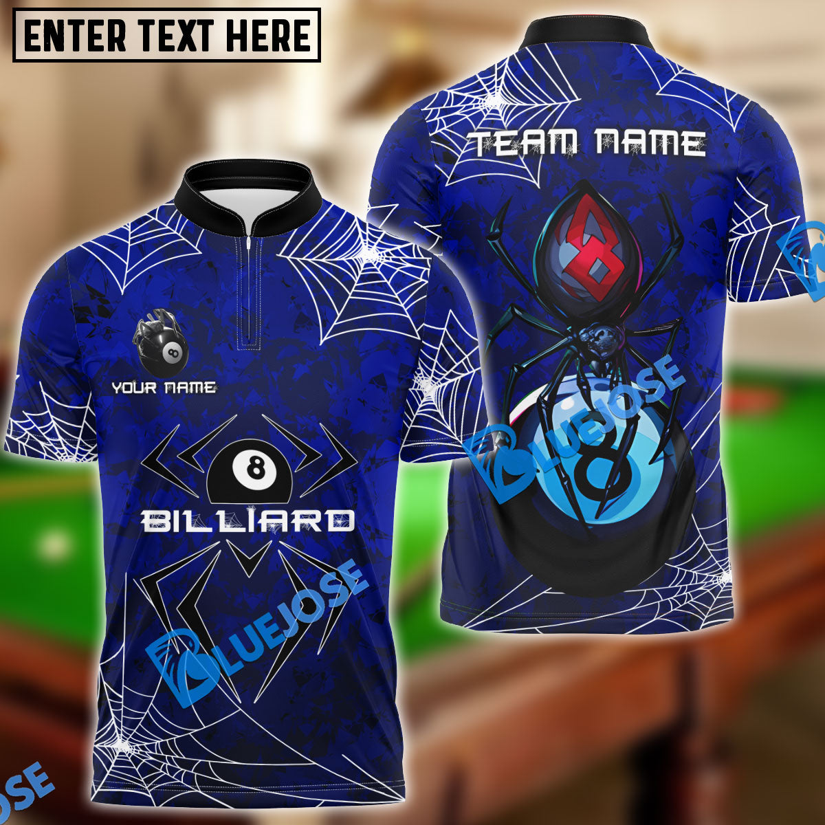 BlueJose Billiards Unique Spider Cobweb Personalized Name, Team Name Shirt (4 Colors)