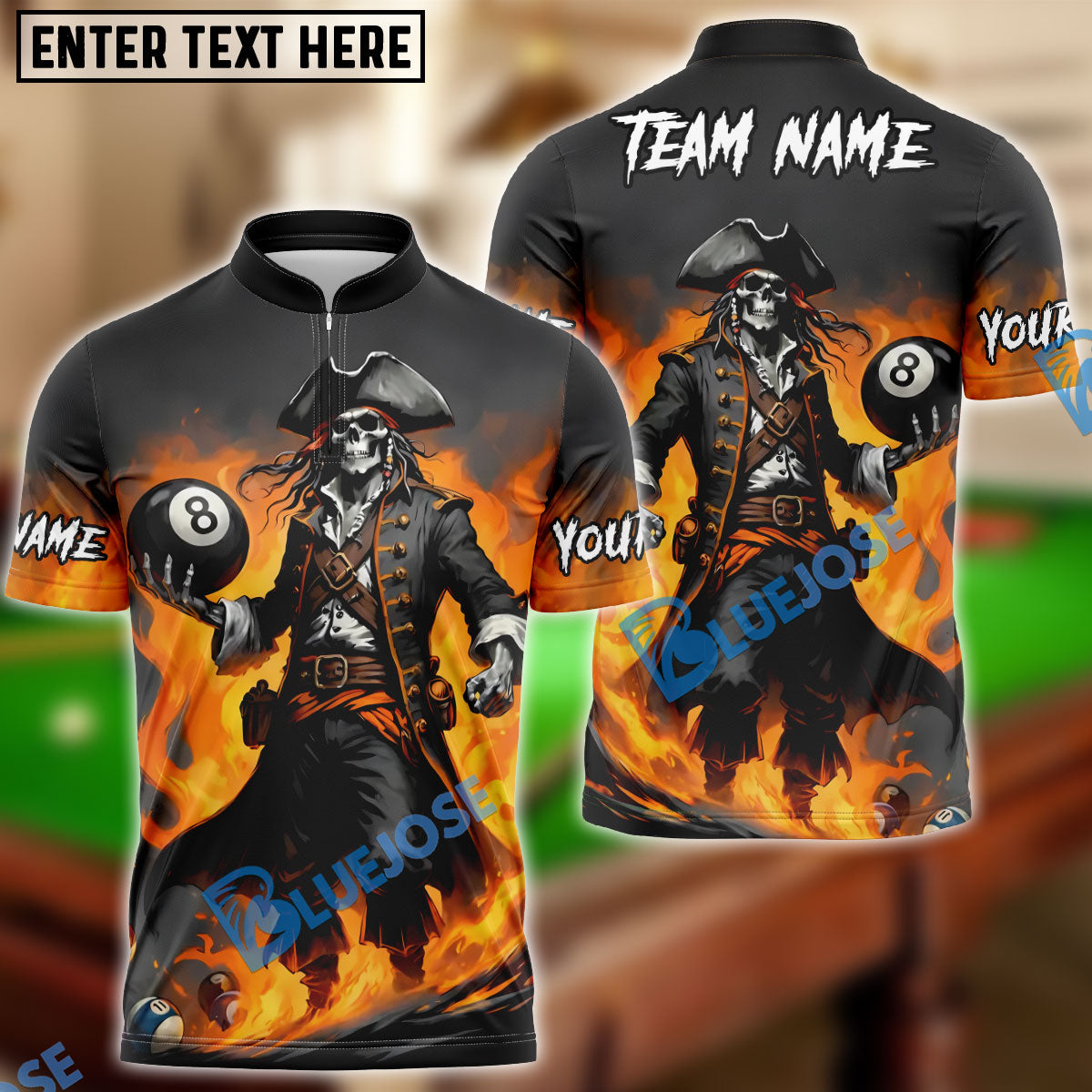 BlueJose Billiards 8 Ball Pirate Captain Pool Personalized Name Shirt (4 Colors)