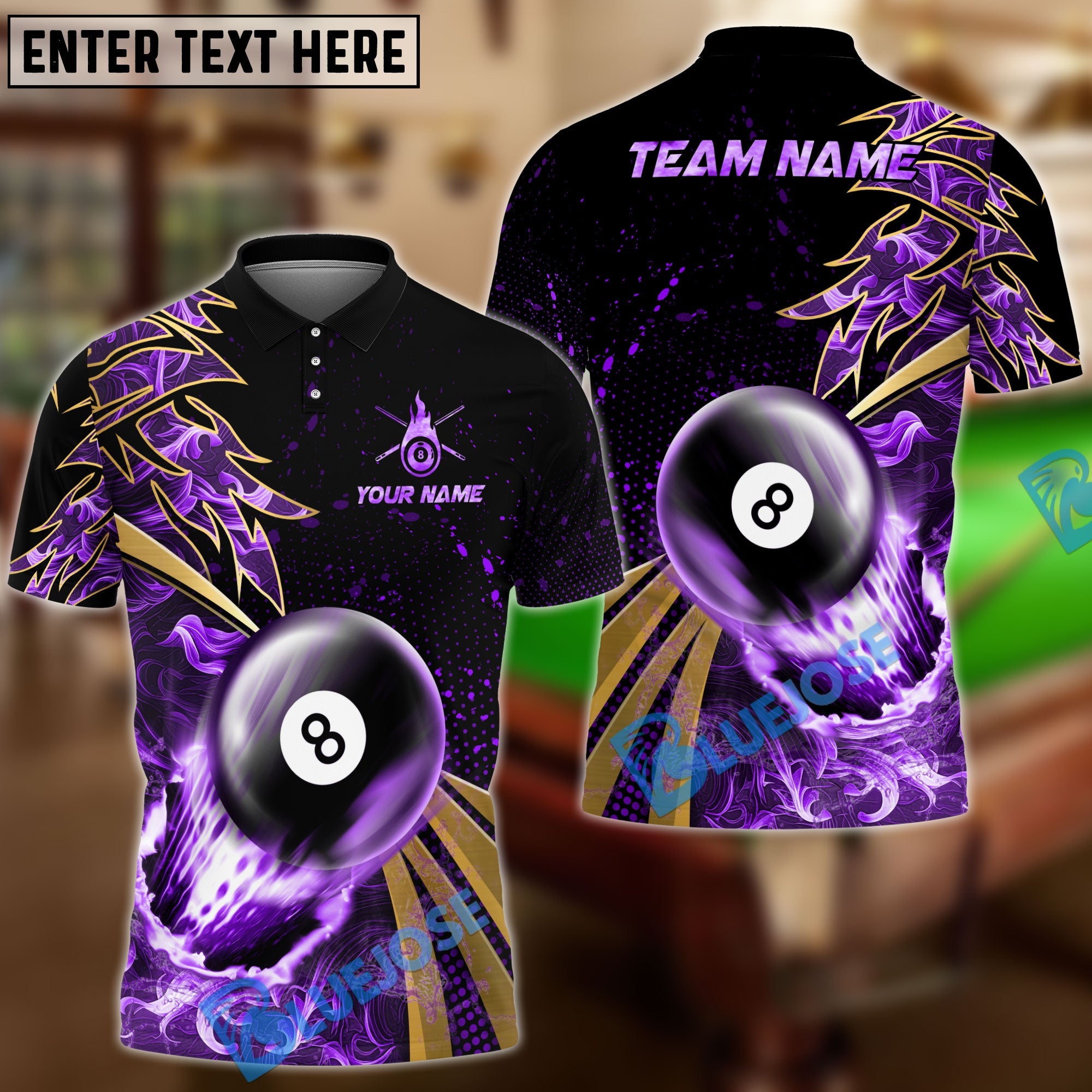 BlueJose Billiards Ball 8 Flame Premium Golden Line Personalized Name, Team Name Shirt (4 Colors)