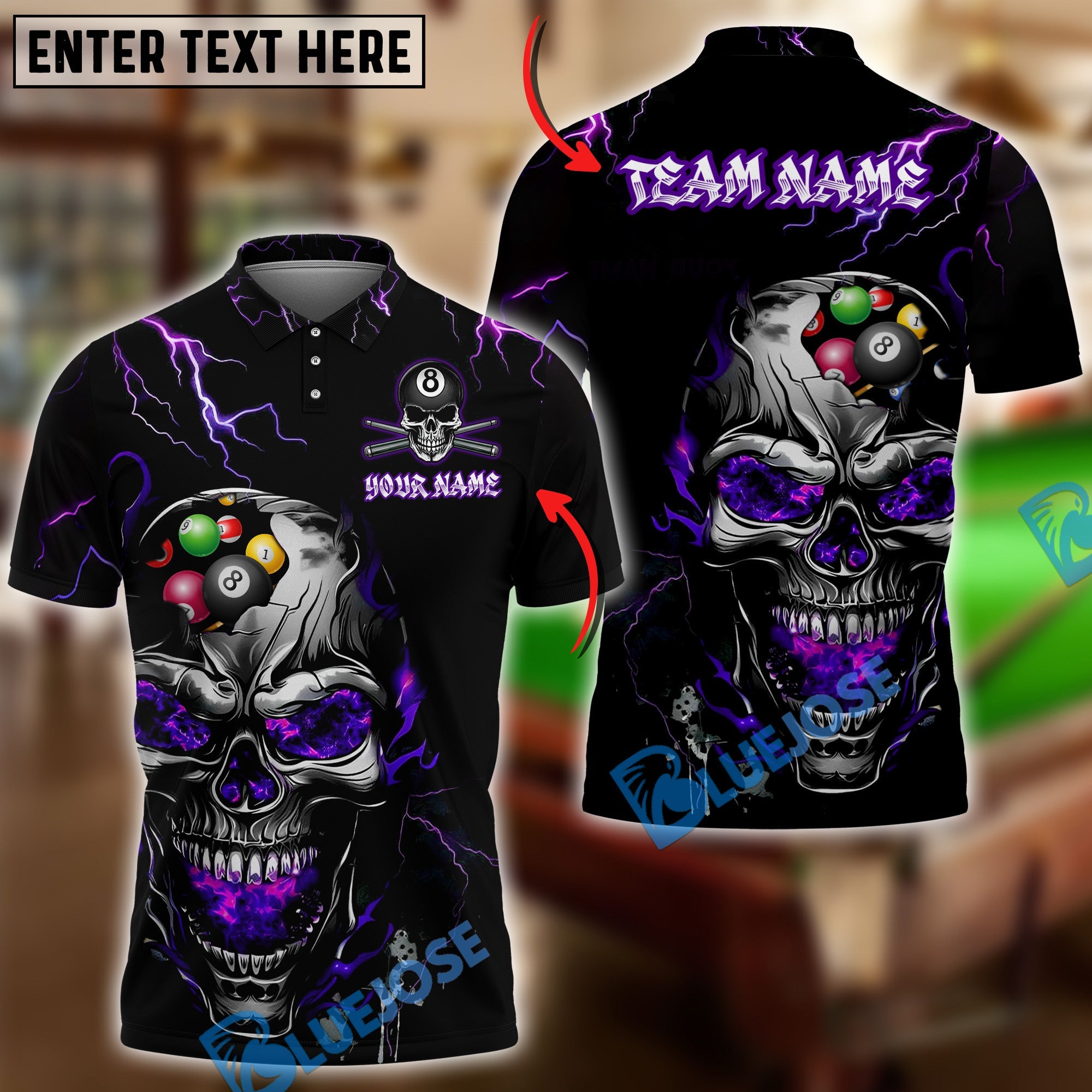 BlueJose Billiards Thunder Lightning Skull Personalized Name Shirt (4 Colors)