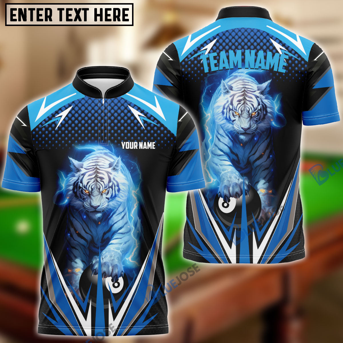BlueJose Billiards Ball 8 Thunder White Tiger Personalized Name, Team Name Shirt (4 Colors)
