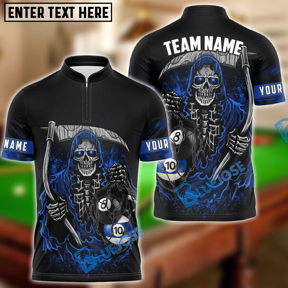 BlueJose Billiards Ball 8 & Ball 10 Reaper Personalized Name Shirt (4 Colors)