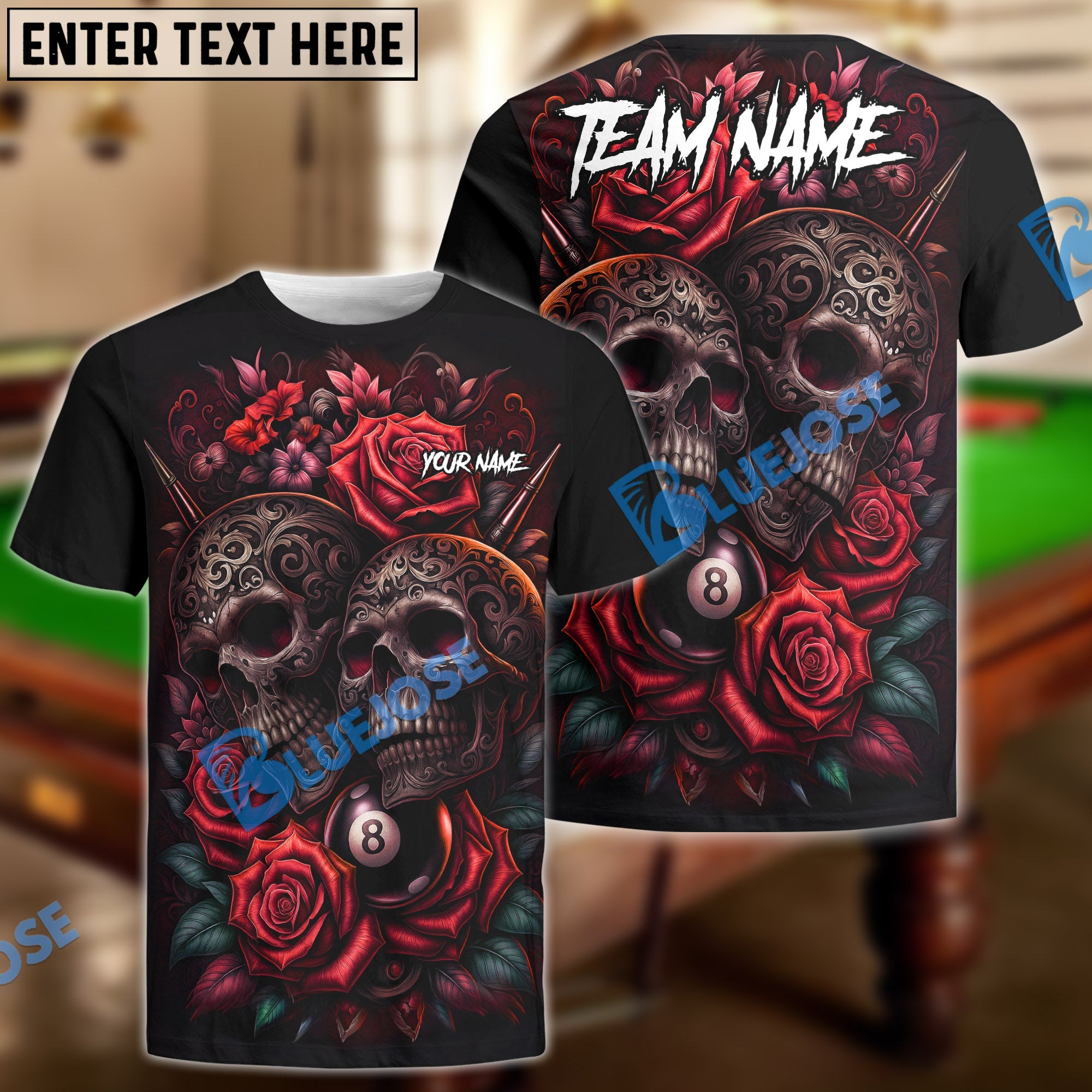 BlueJose Billiards 8-Ball Gothic Skull & Rose Personalized Name Shirt (4 Colors)