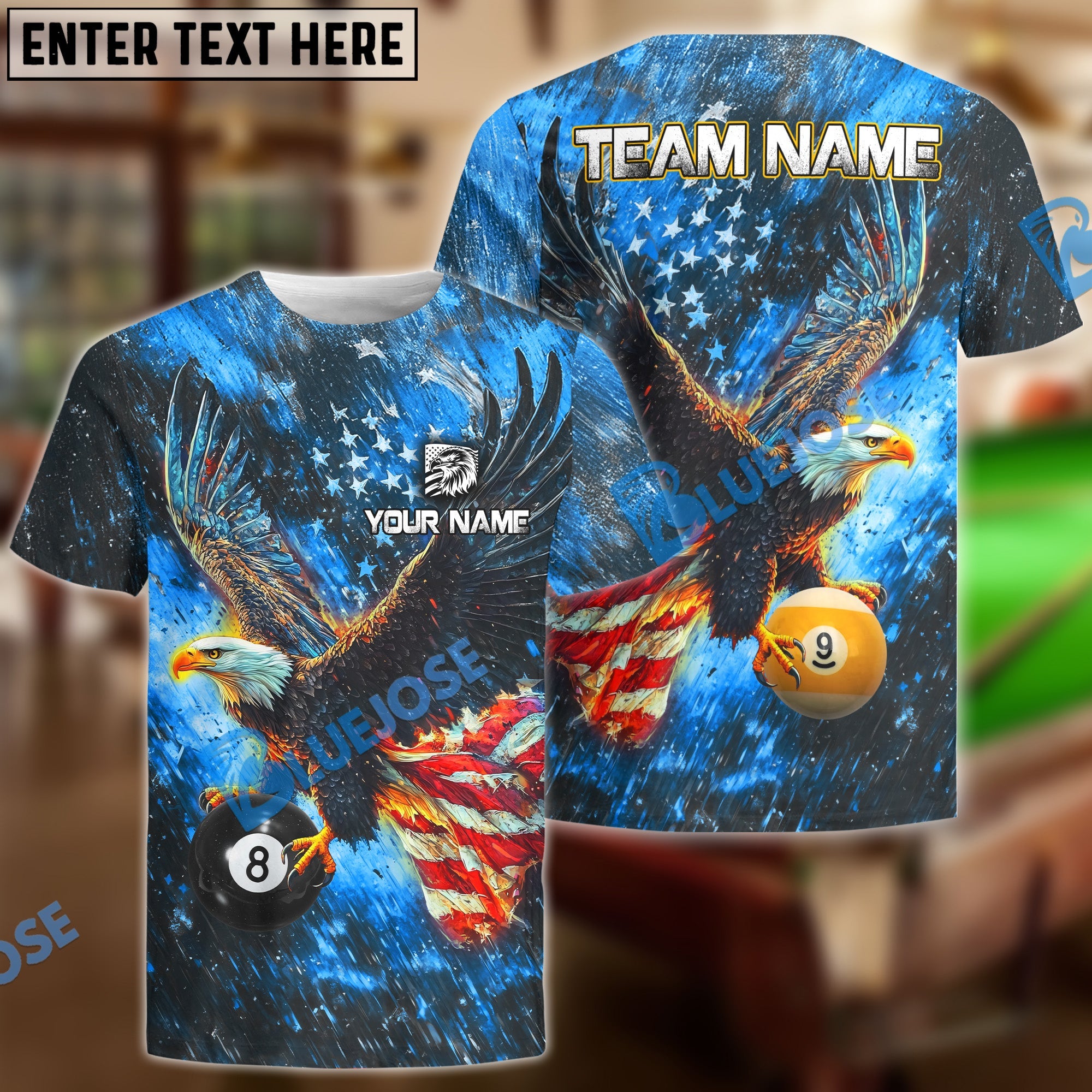 BlueJose Billiards Ball 8 & Ball 9 Sky Eagle US Flag Personalized Name & Team Name Shirt (4 Colors)