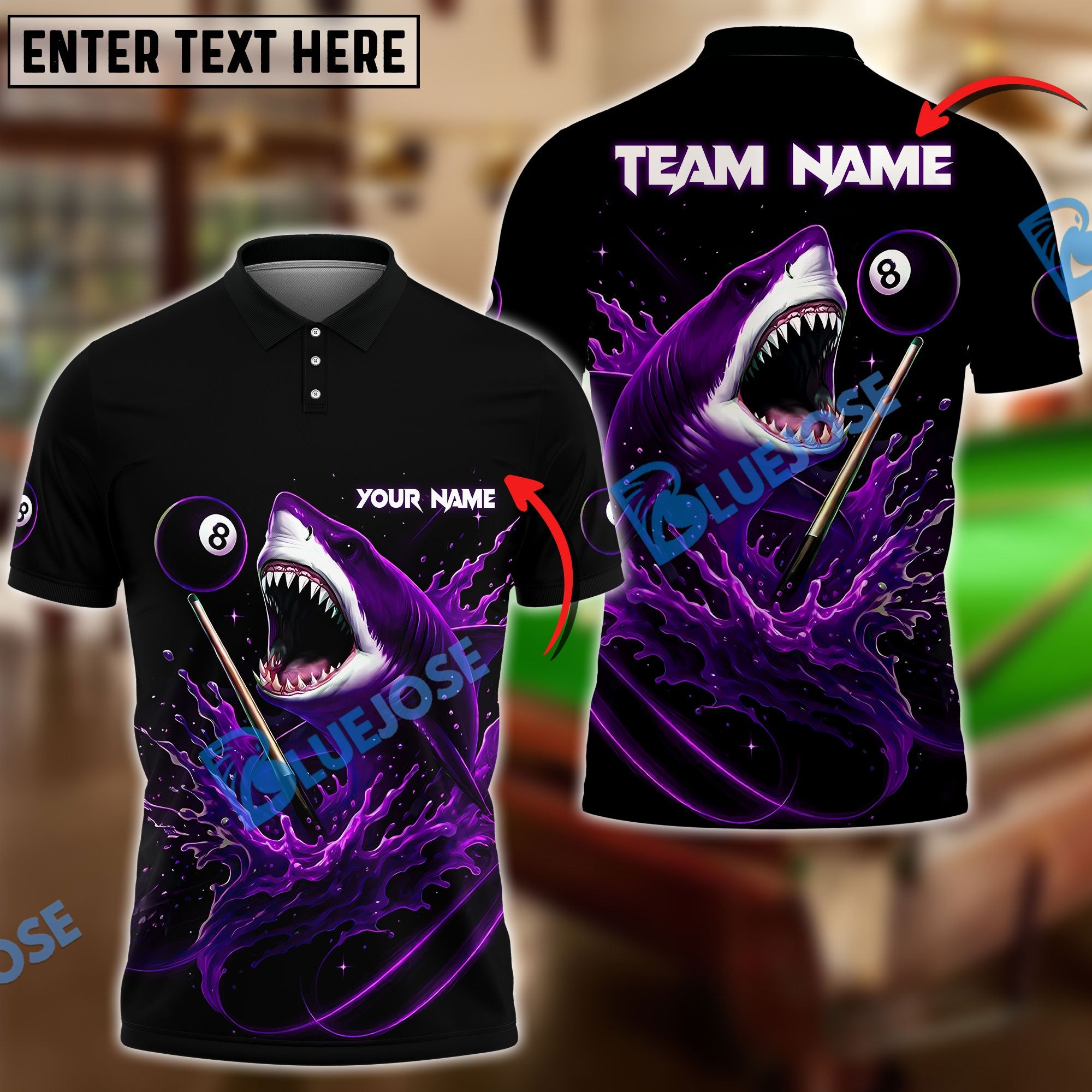 BlueJose Billiards Ball 8 Pool Shark Splash Power Personalized Name & Team Name Shirt (4 Colors)