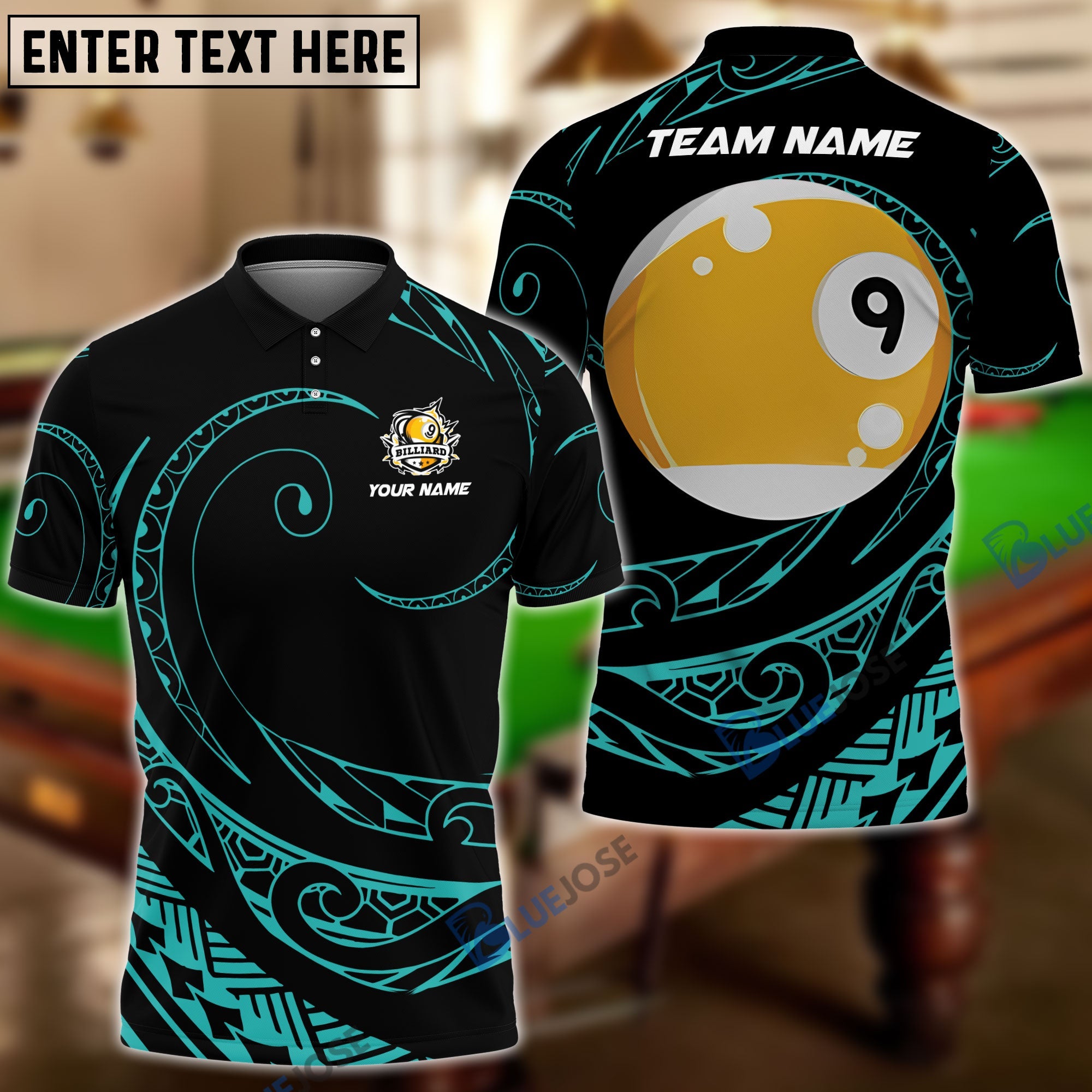 BlueJose Billiards Ball 9 Hawaii Polynesian Personalized Name, Team Name Shirt (4 Colors)