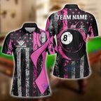 BlueJose Billiards Pink Ribbon with 8-Ball and Flag Breast Cancer Awareness Customized Name, Team Name 3D Shirt