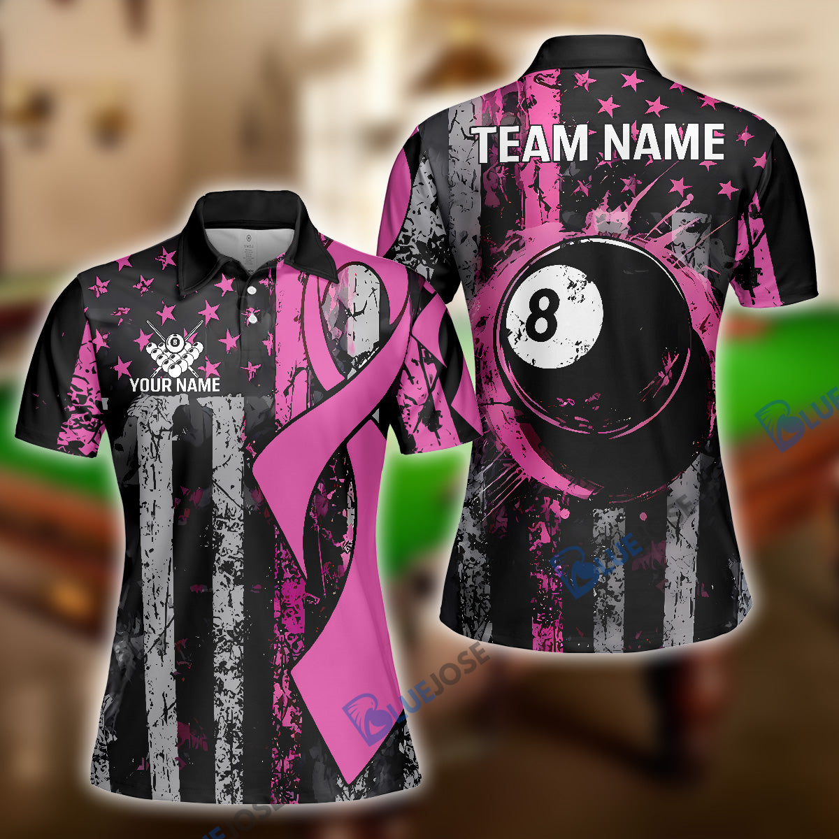 BlueJose Billiards Pink Ribbon with 8-Ball and Flag Breast Cancer Awareness Customized Name, Team Name 3D Shirt