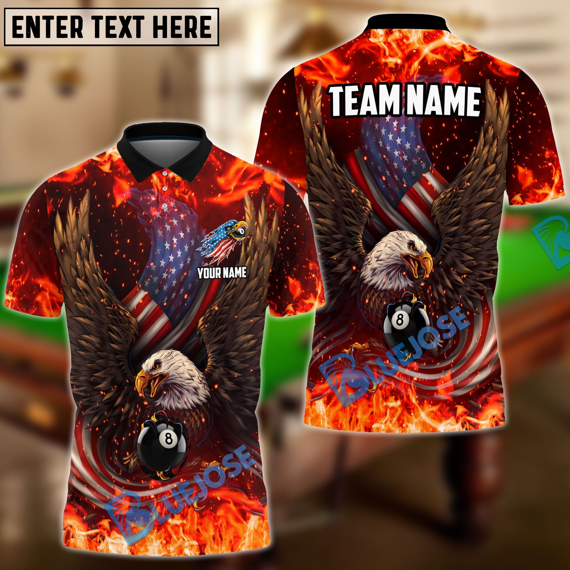 BlueJose Billiards Ball 8 Eagle US Flag Pattern Personalized Name Shirt (6 Colors)