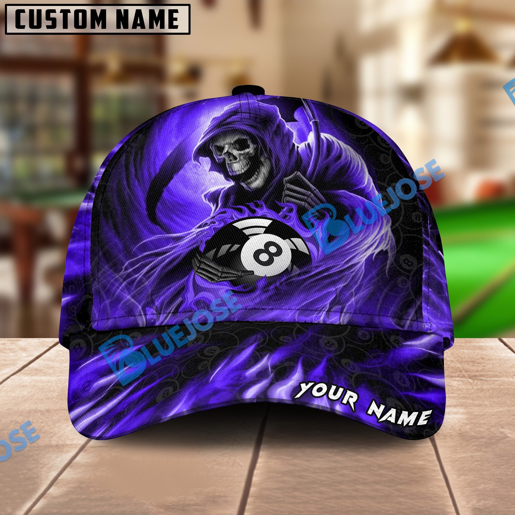 BlueJose Billiards Reaper Art Personalized Name Cap