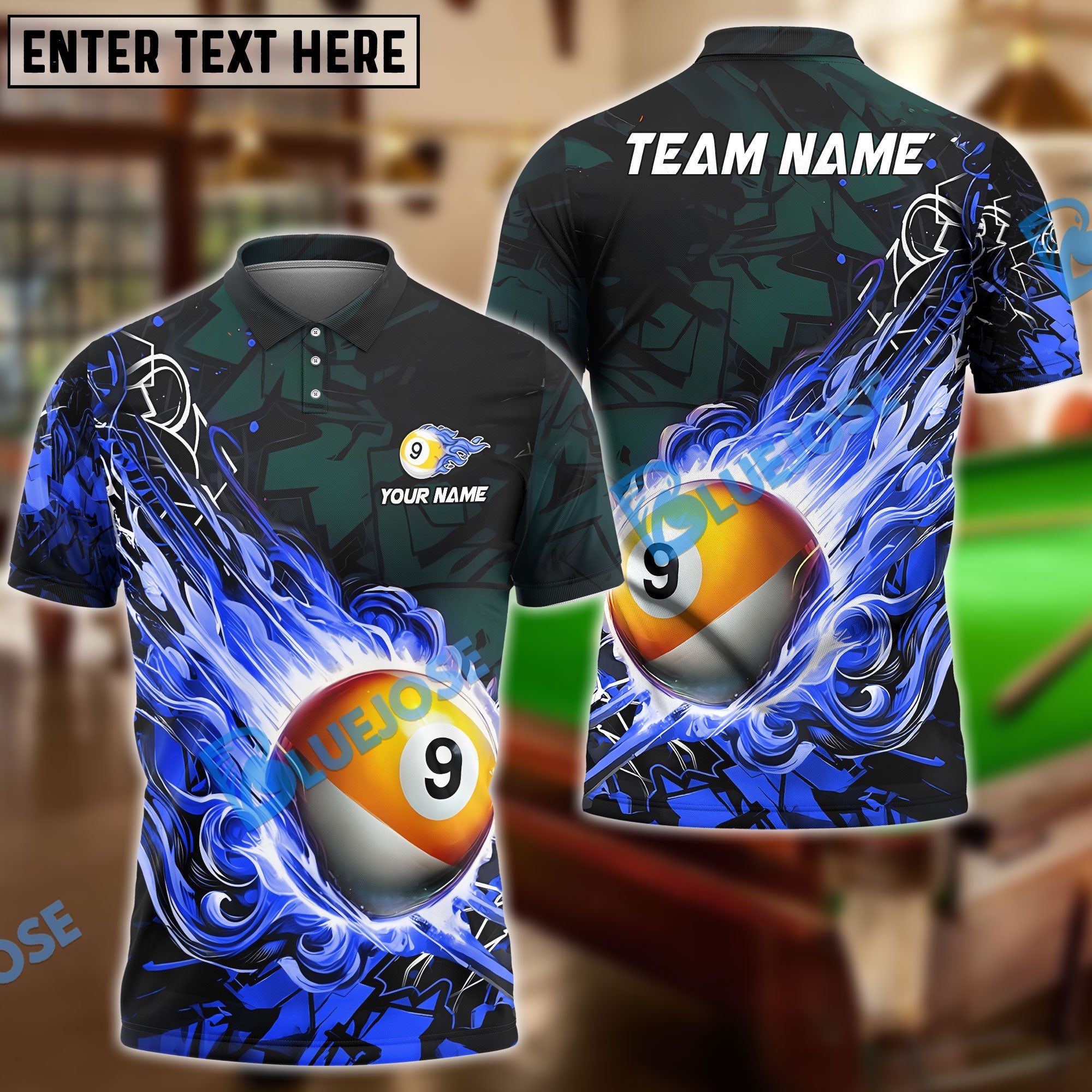 BlueJose Billiards Ball 9 Fireball Magic Personalized Name Shirt (4 Colors)