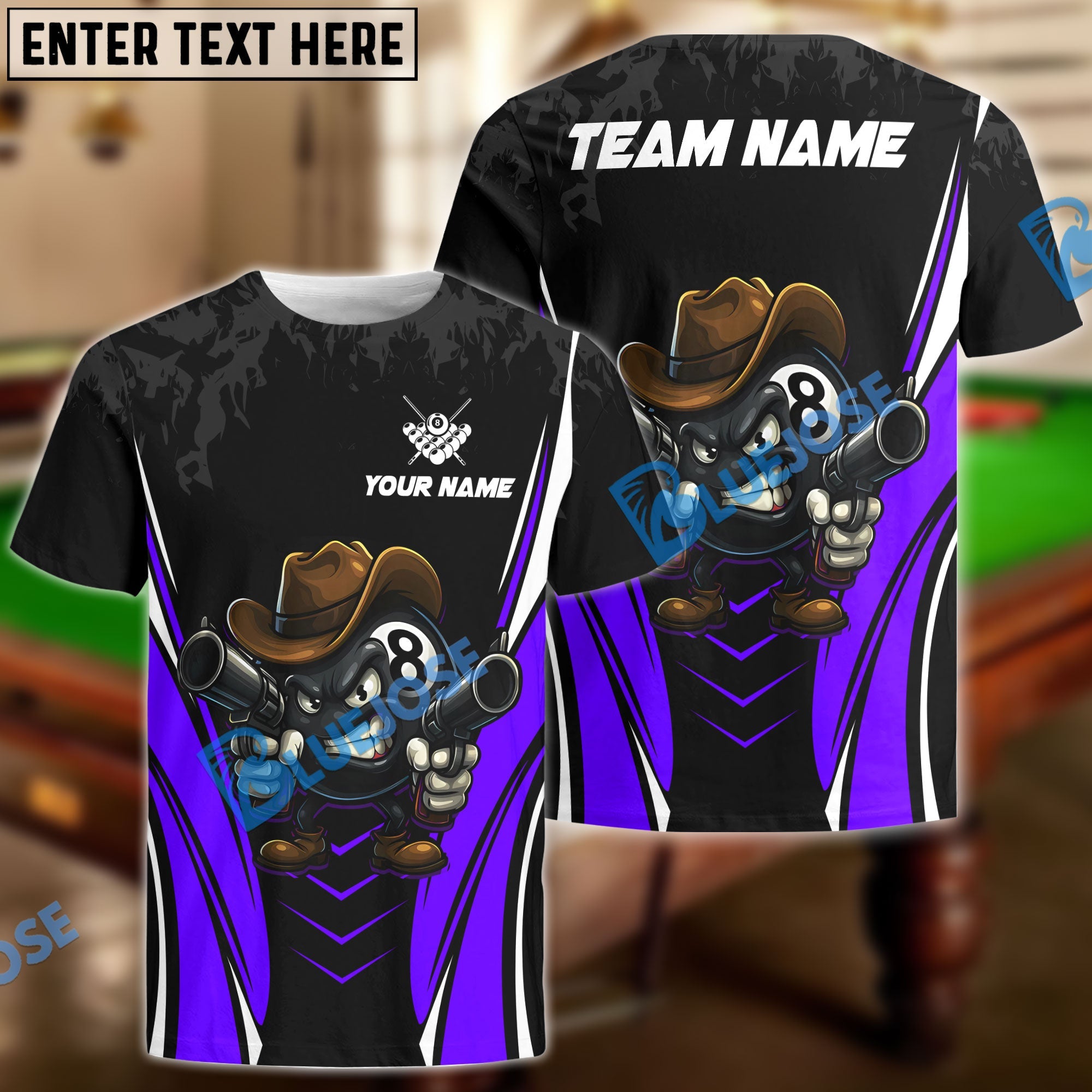 BlueJose Billiards Cowboy 8 Ball Cartoon Style Personalized Name Shirt (4 Colors)