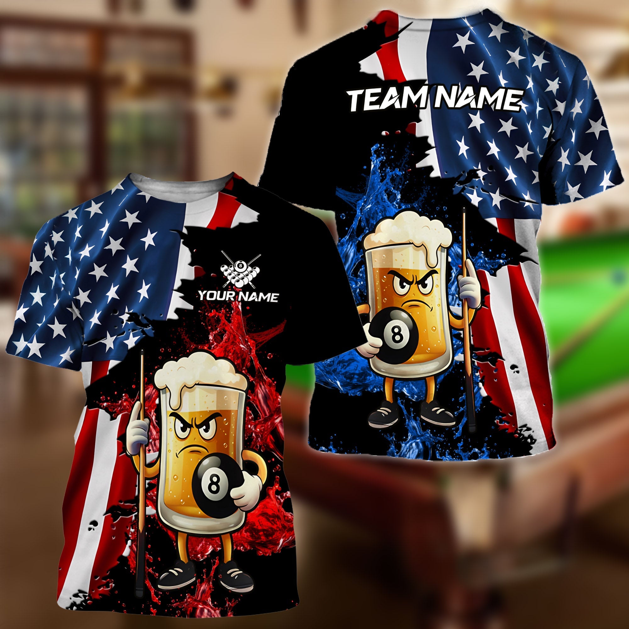 BlueJose Billiards Ball 8 Grumpy Beer Mug American Flag Customized Name, Team Name 3D Shirt (4 Colors)