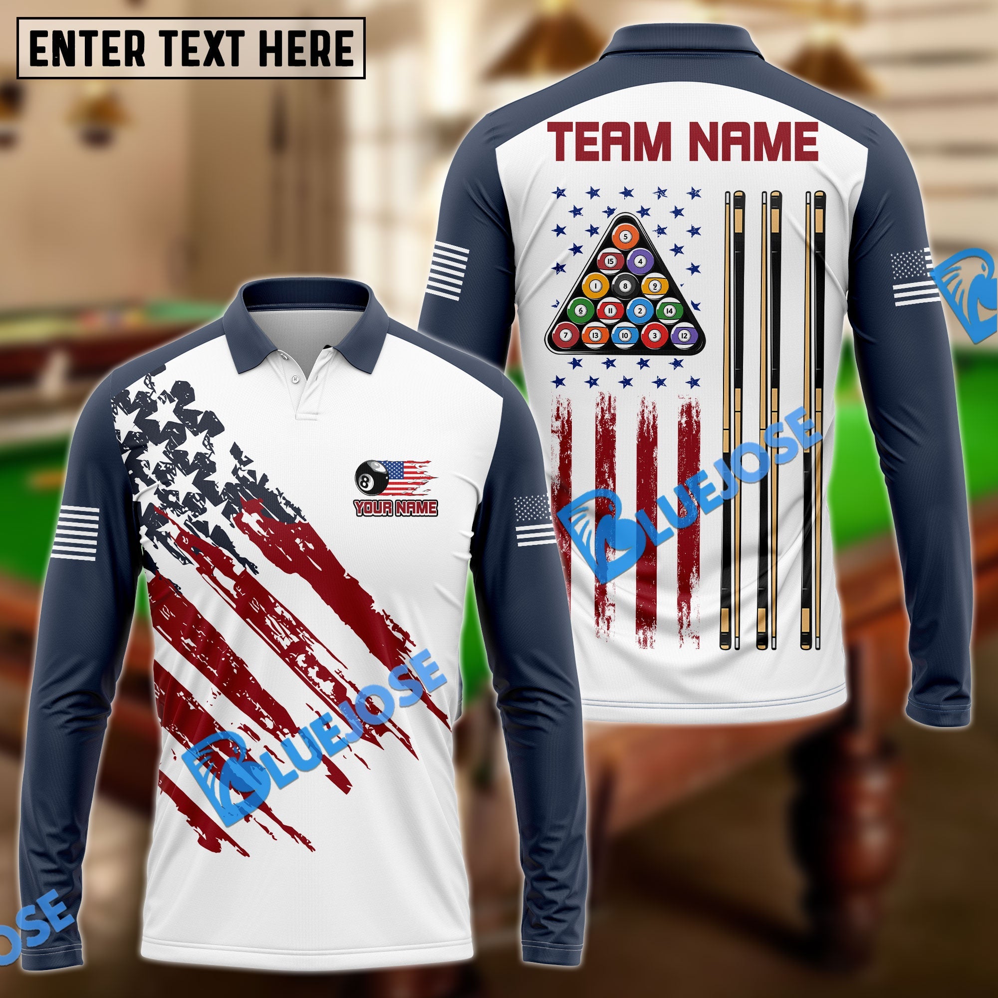 BlueJose Billiards Ball 8 US Flag Champion Pattern Personalized Name, Team Name Unisex Shirt