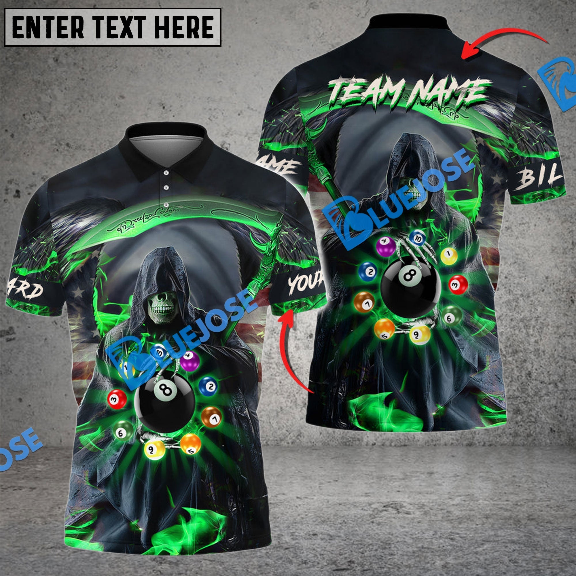 BlueJose Billiards Reaper Fire Flag Pattern Personalized Name, Team Name Shirt (6 Colors)