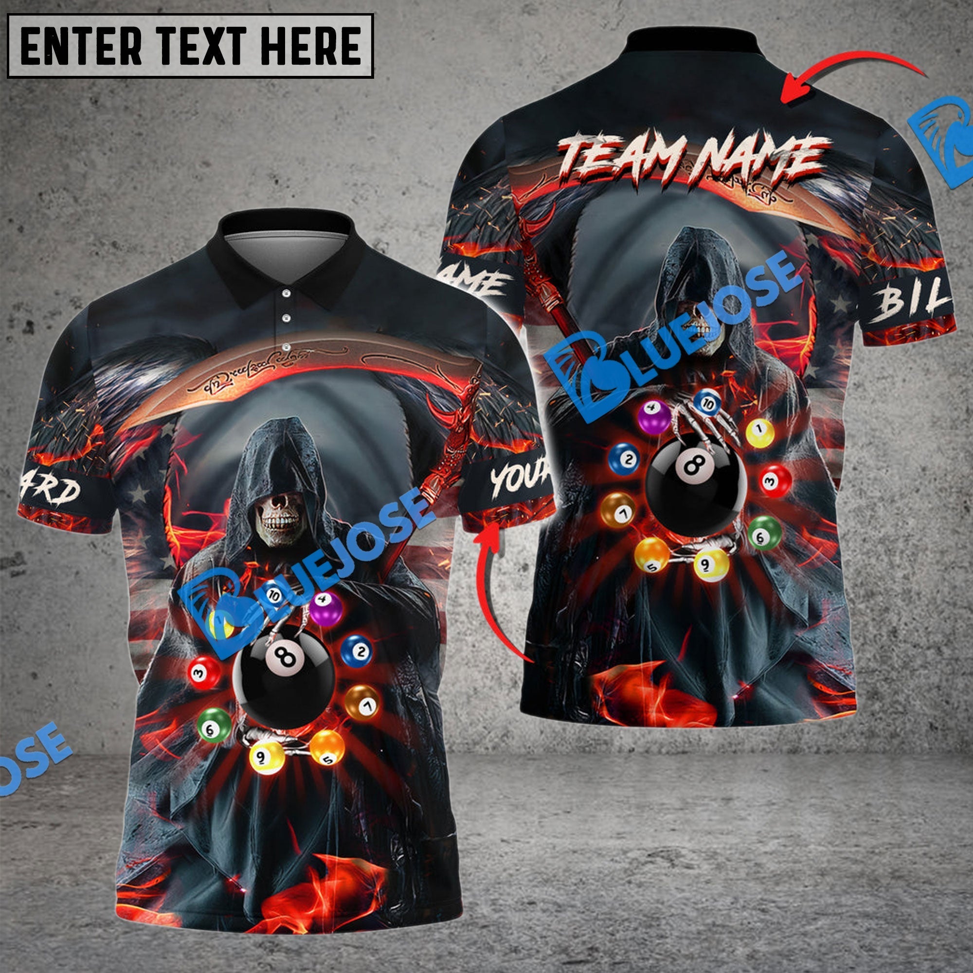 BlueJose Billiards Reaper Fire Flag Pattern Personalized Name, Team Name Shirt (6 Colors)