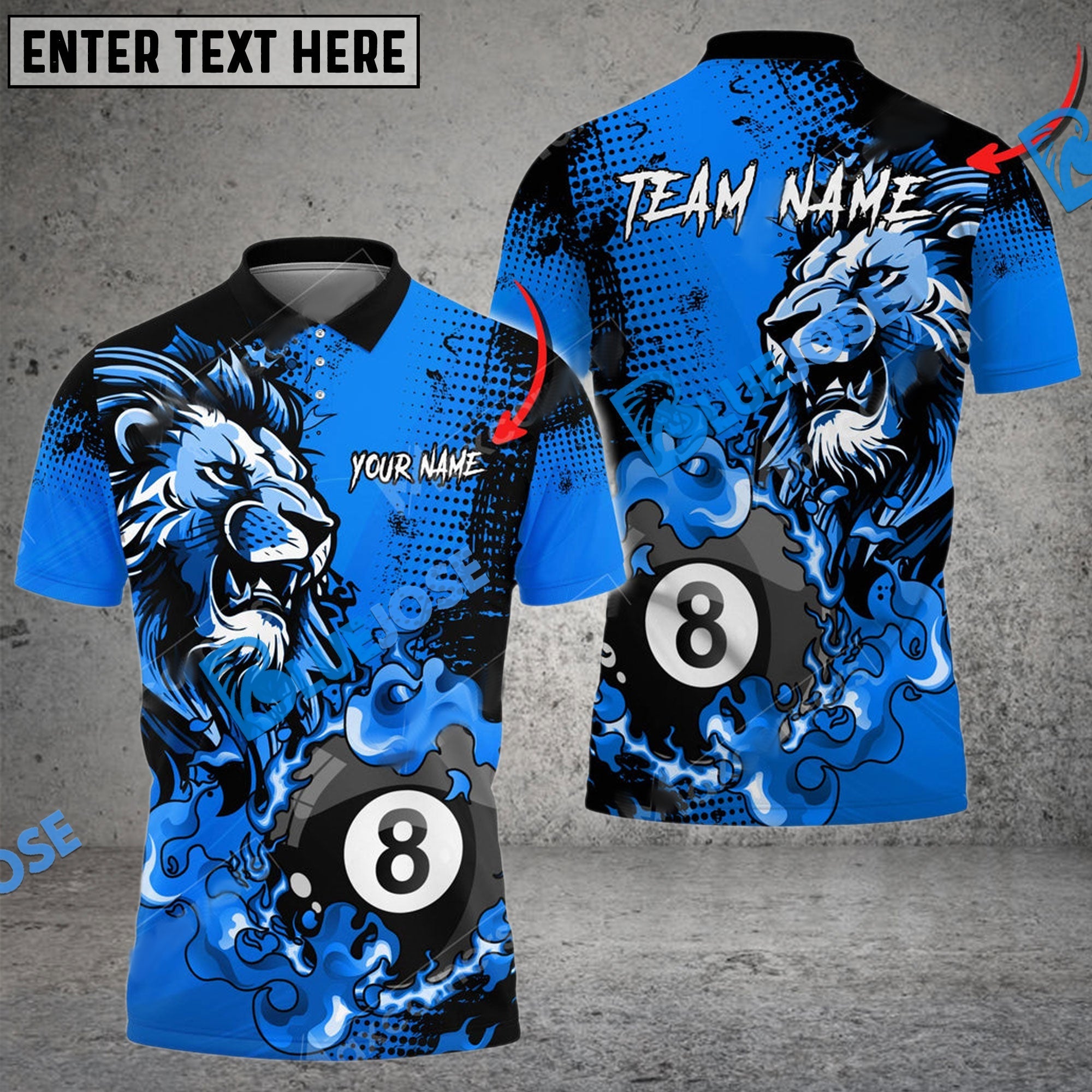 BlueJose Billiards Ball 8 Fire Lion King Personalized Name, Team Name Unisex Shirt (6 Colors)