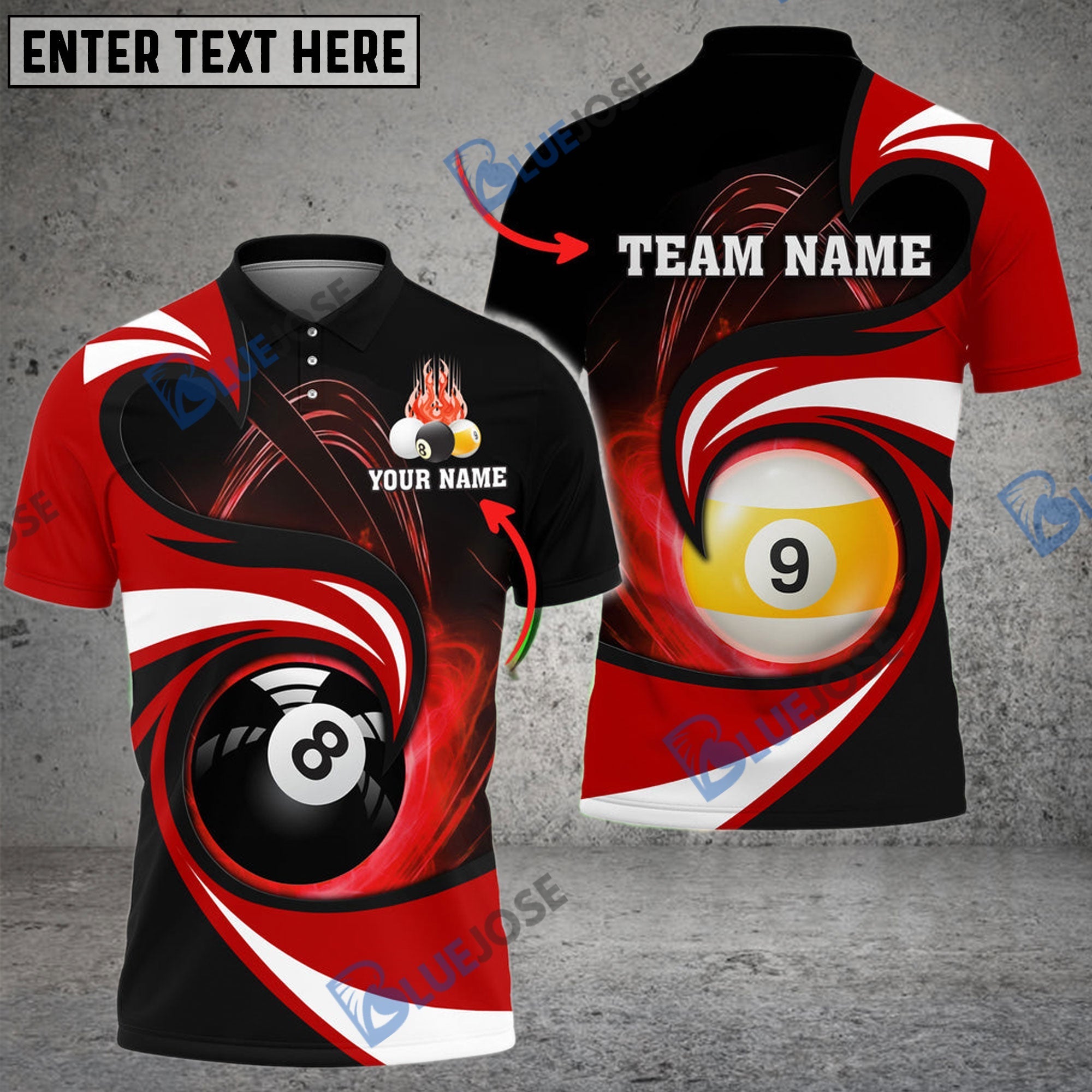BlueJose Billiards 8 Ball & 9 Ball Stormeye Personalized Name, Team Name Unisex Shirt (6 Colors)