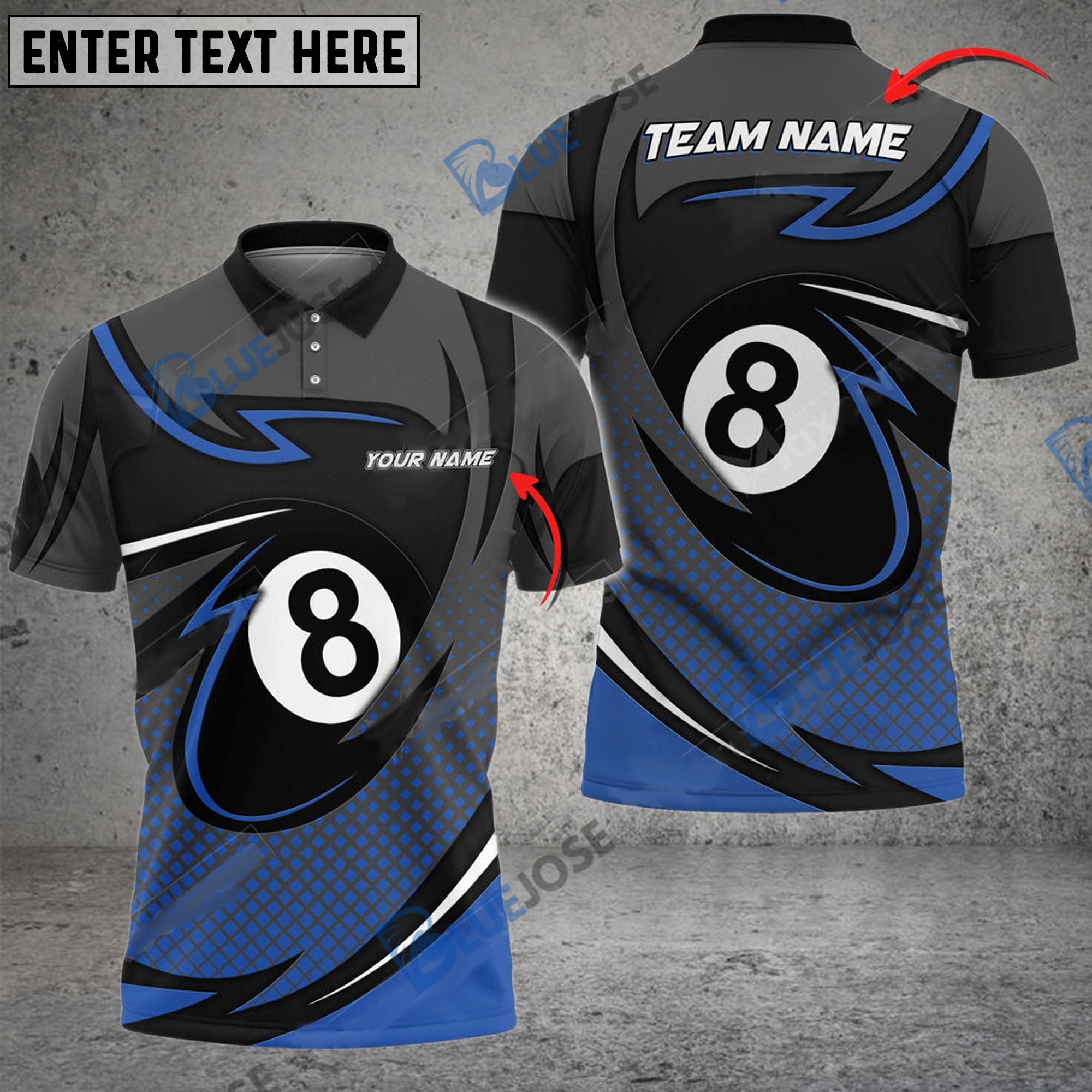 BlueJose Billiards 8 Ball Pool Personalized Name, Team Name Unisex Shirt (6 Colors)