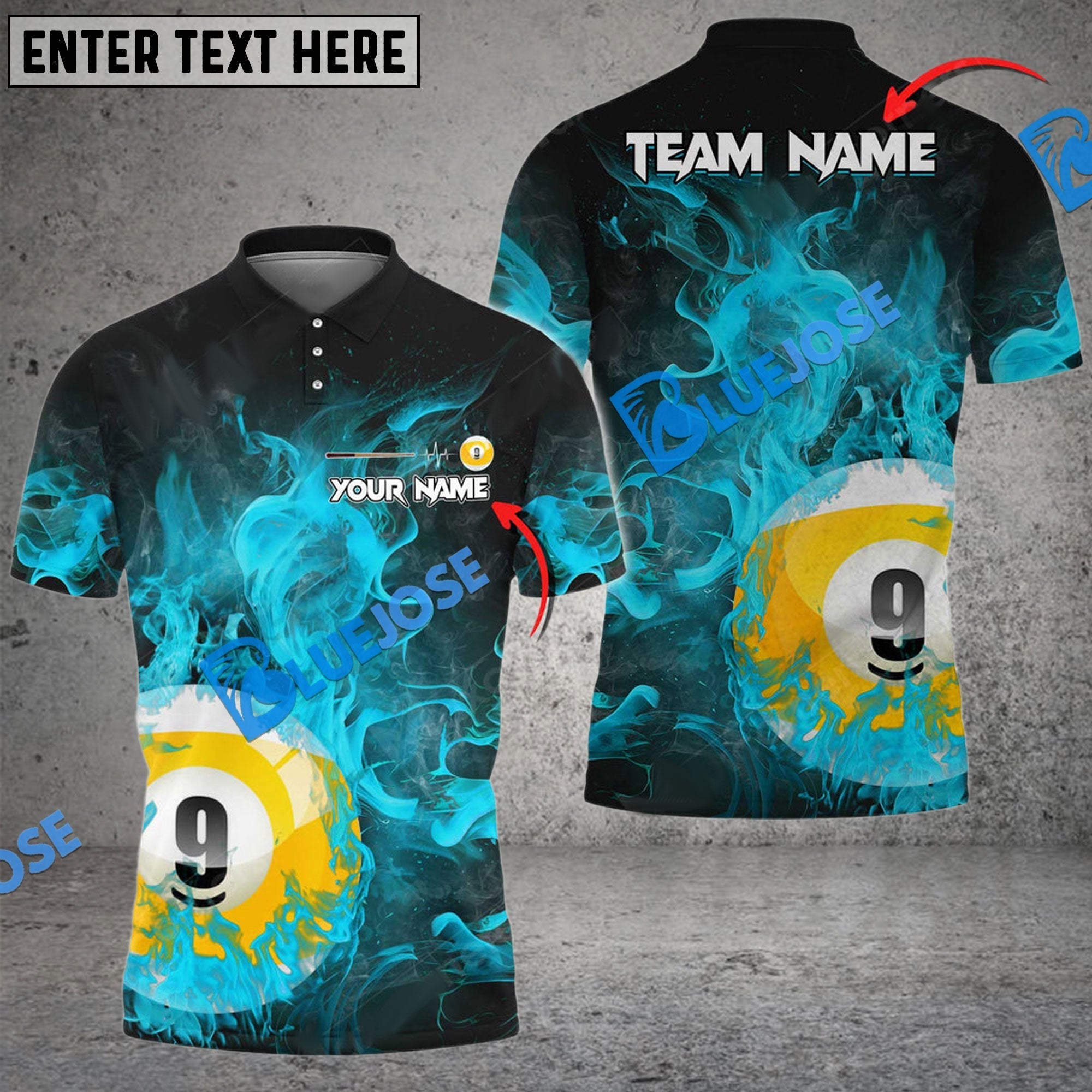BlueJose Billiards Ball 9 Fire Art Premium Personalized Name, Team Name Shirt (4 Colors)