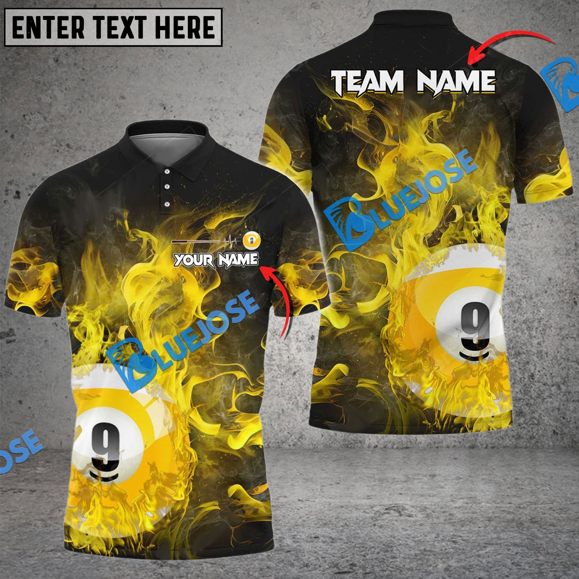 BlueJose Billiards Ball 9 Fire Art Premium Personalized Name, Team Name Shirt (4 Colors)