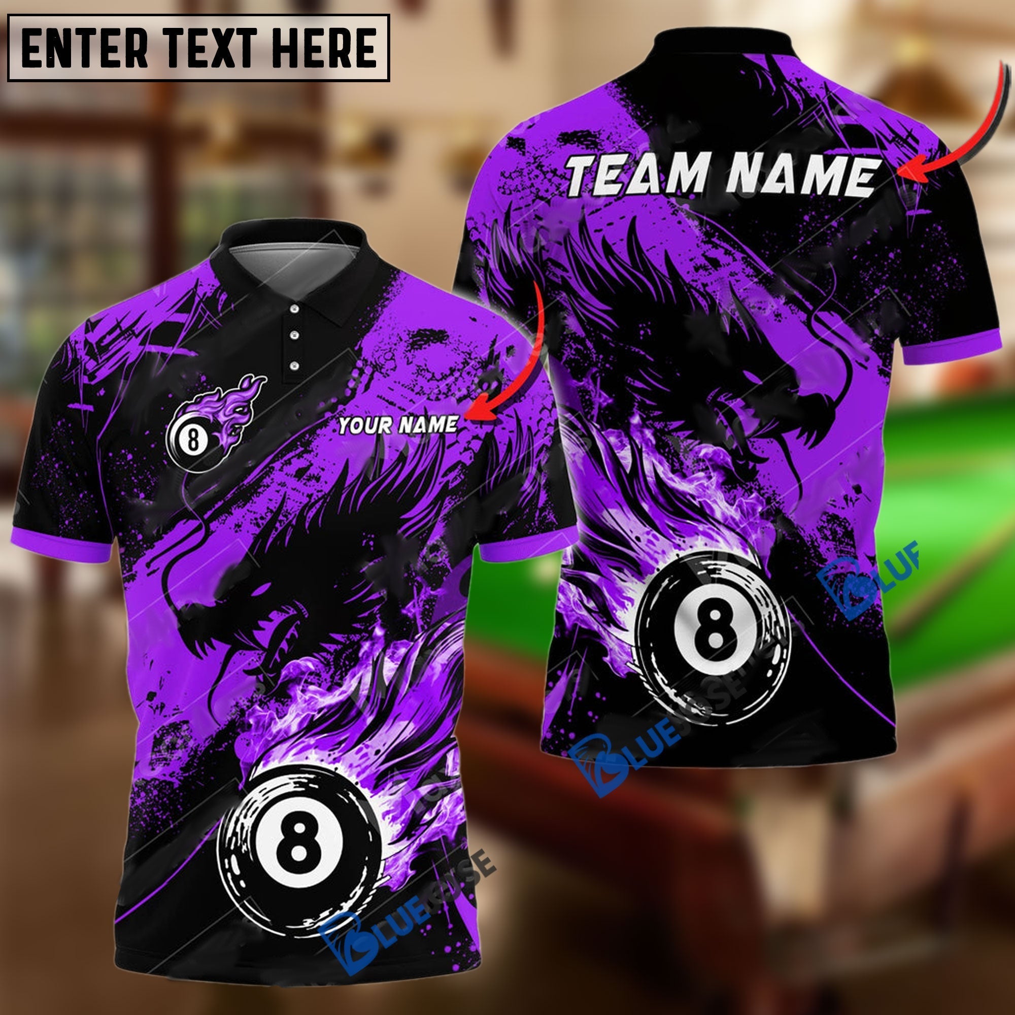 BlueJose Billiards Ball 8 Ink Fire Dragon Personalized Name Shirt (6 Colors)