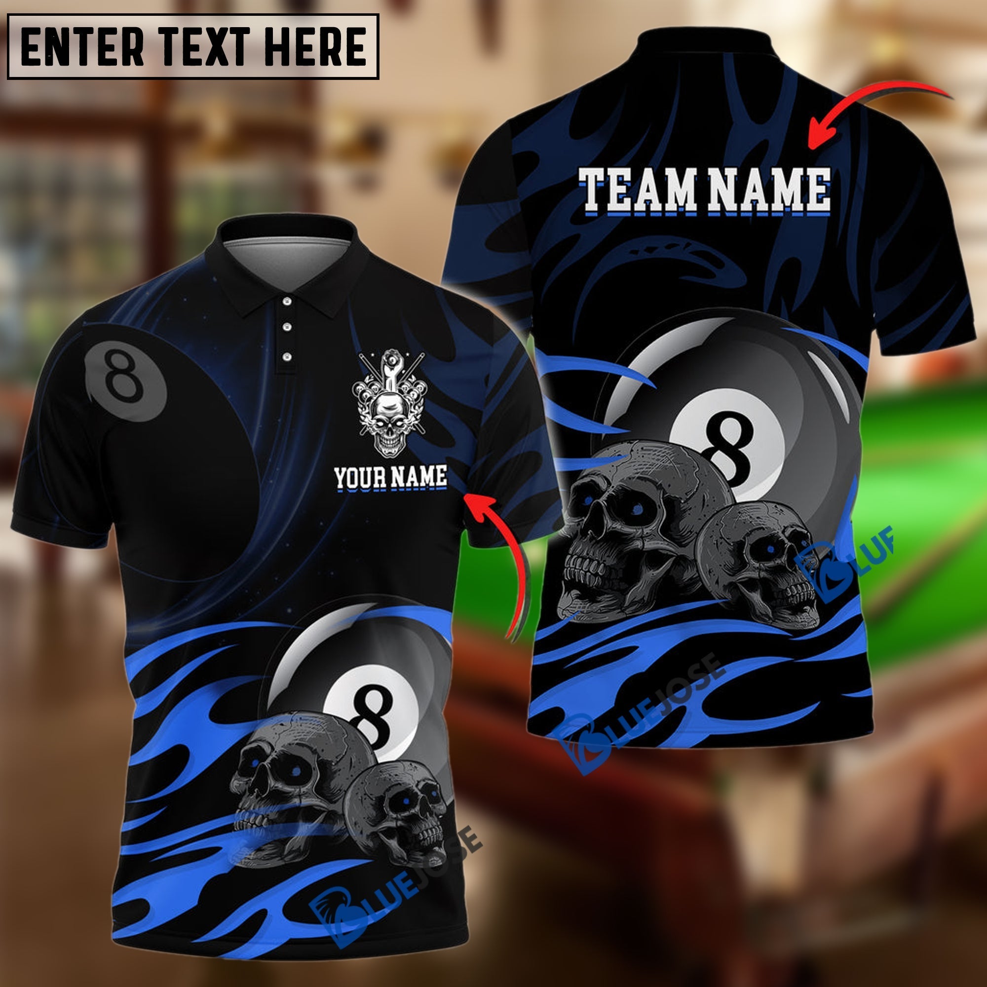 BlueJose Billiards Ball 8 Skulls Personalized Name, Team Name Unisex Shirt (6 Colors)