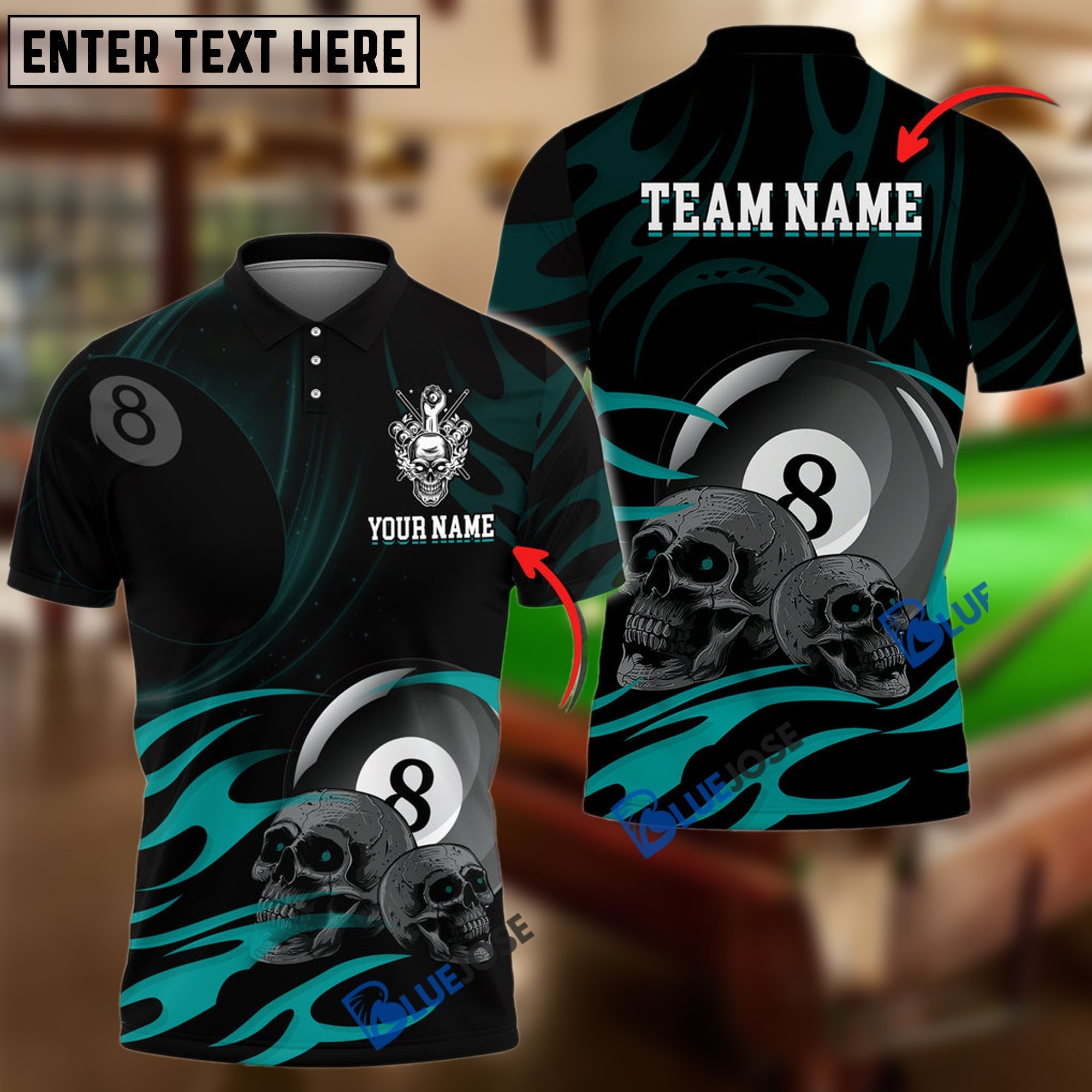 BlueJose Billiards Ball 8 Skulls Personalized Name, Team Name Unisex Shirt (6 Colors)
