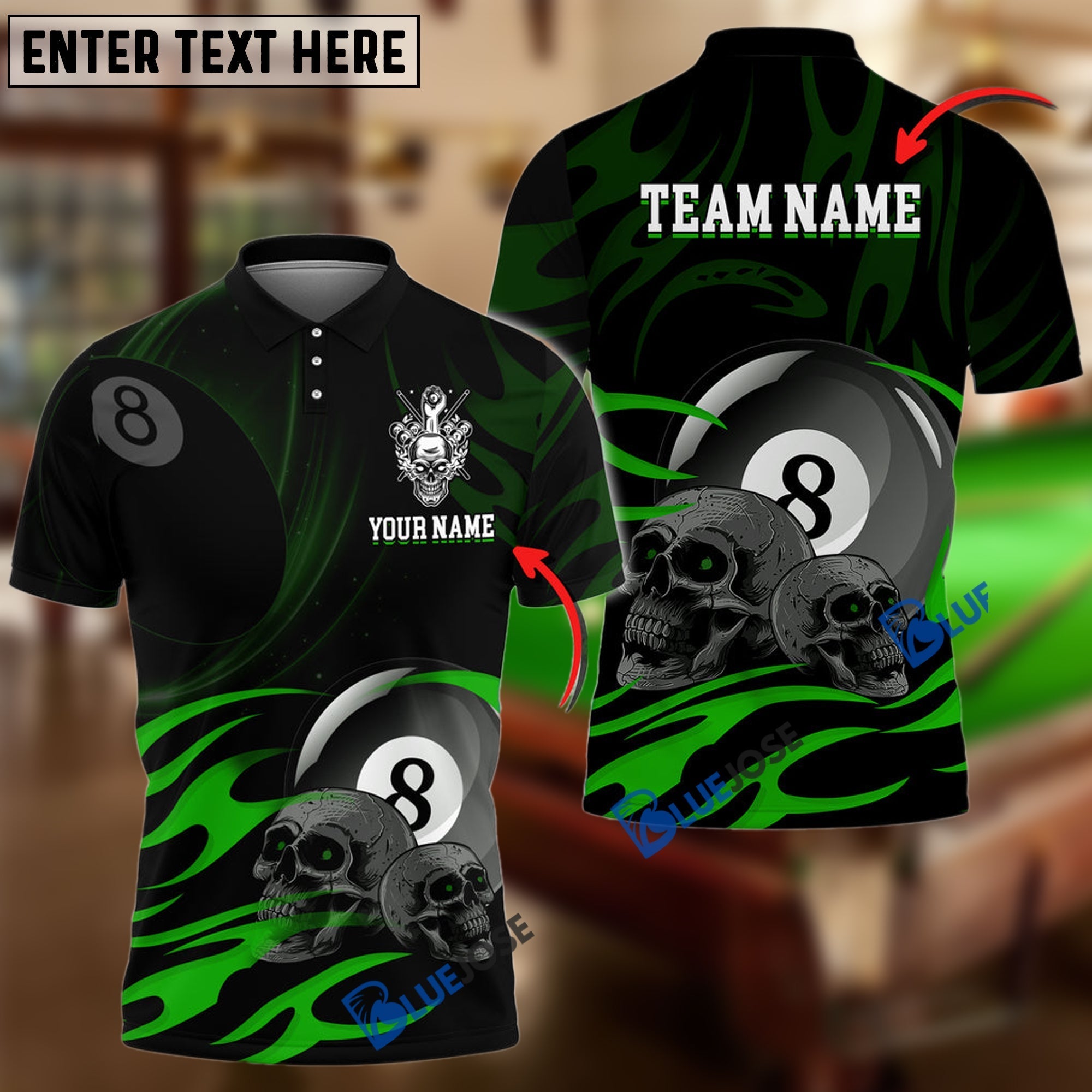 BlueJose Billiards Ball 8 Skulls Personalized Name, Team Name Unisex Shirt (6 Colors)